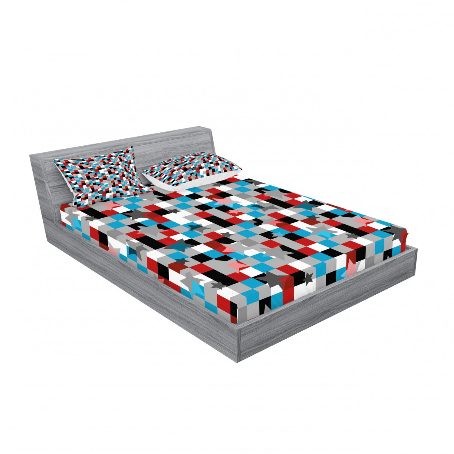 Modern 2-Piece Queen Size Fitted Sheet & 4 Pillow Sham Set - Geometric Squares & Stars Pattern Bedding in Red, Blue, Grey & Black | Complete 4-Pc Luxury Bedding Decor for Master Bedroom, Guest Room & Dorm