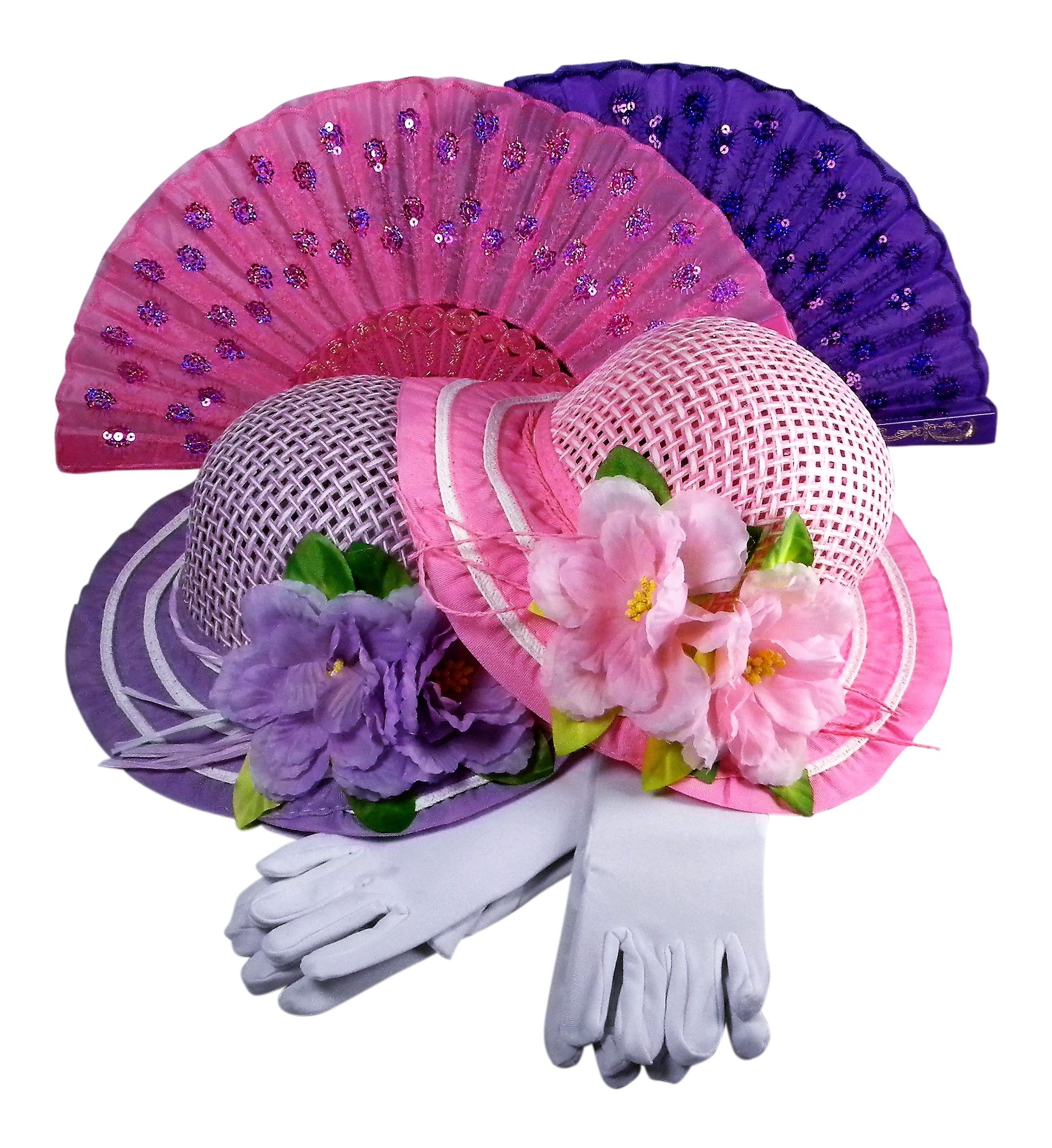 Butterfly Twinkles Girls Tea Party Dress Up Play Set for 2 - Elegant Sun Hats, Gloves & Hand Fans - Pretend Play Costume for Afternoon Tea, Birthday Parties & Dress Up Games