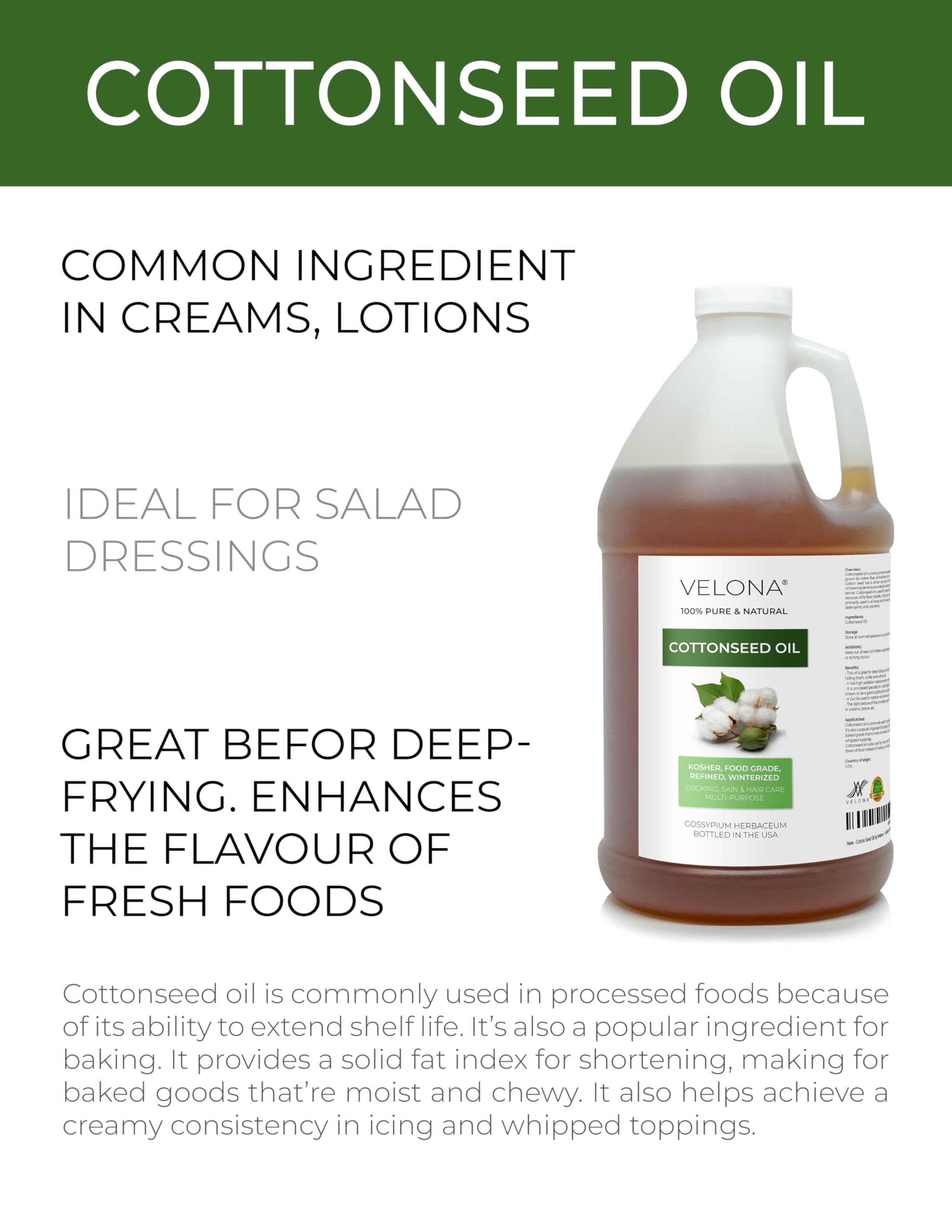 Velona 100% Pure & Natural Cotton Seed Oil 64 Fl Oz | Refined Cold-Pressed Carrier Oil for Cooking, Skin, Face, Body & Hair Care | Perfect for DIY Beauty Recipes & Healthy Cooking | Enjoy Fast Results Today