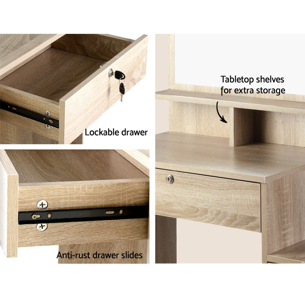 Vanity Makeup Desk Set with Mirror, Stool & Organizer Drawer - Solid Oak Dressing Table for Bedroom & Bathroom