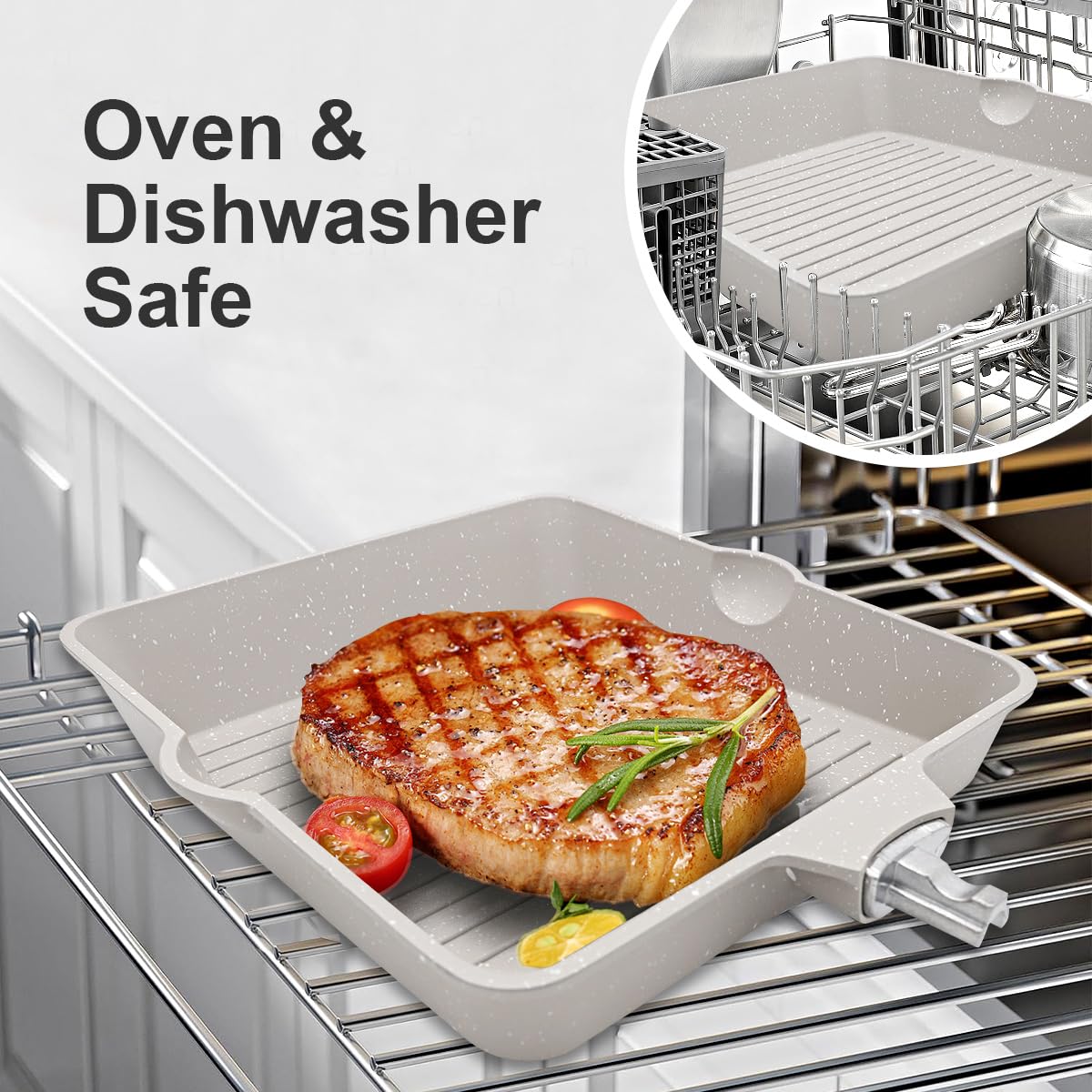 9.5 Inch Nonstick Square Grill Pan - Cast Aluminum Steak Pan with Detachable Handle, Oven & Dishwasher Safe, Double Pour Spouts (White) - Perfect for Indoor Grilling, BBQ, and Cooking Steaks, Burgers, and Vegetables