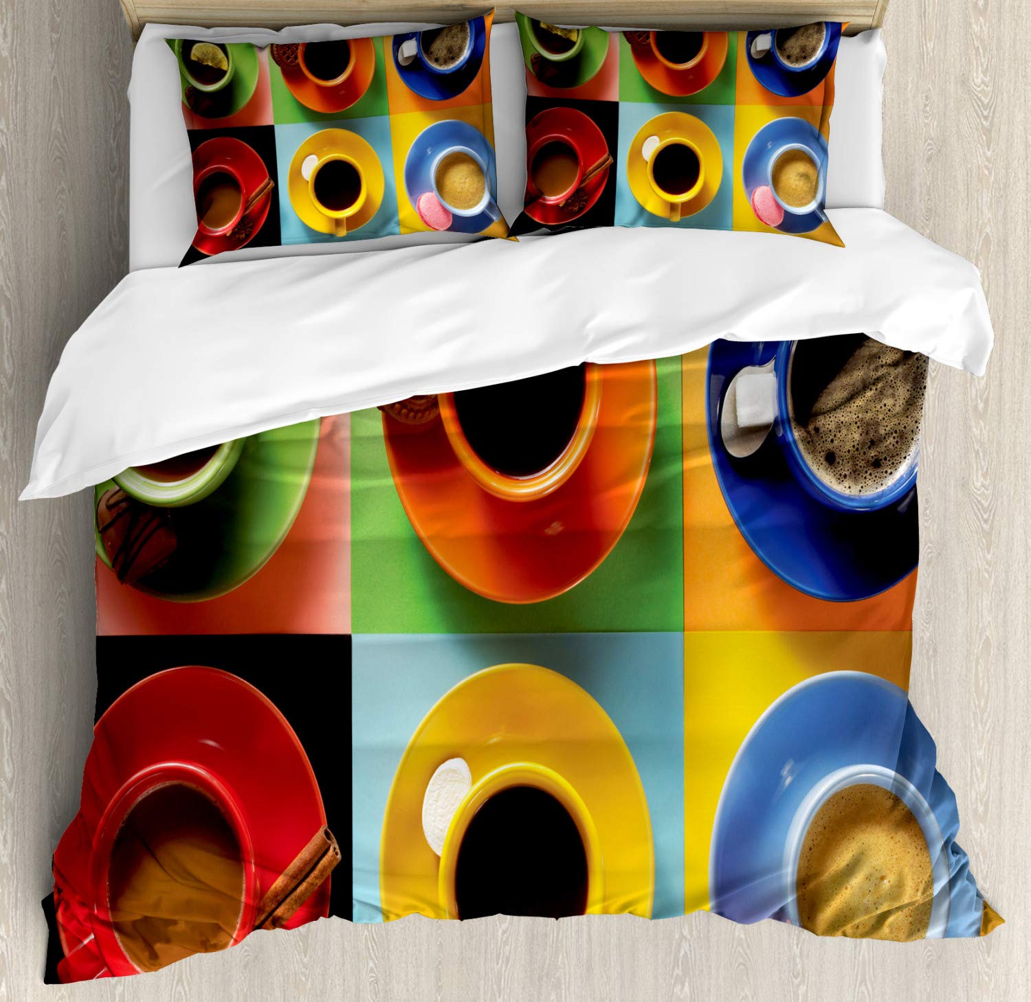 Ambesonne 3-Piece King Size Duvet Cover Set - Coffee Cups, Tea & Hot Chocolate with Colorful Dessert Pattern, Includes 2 Pillow Shams | Perfect for Coffee Lovers' Bedroom Decor, Gift for Baristas & Home Cafe Enthusiasts