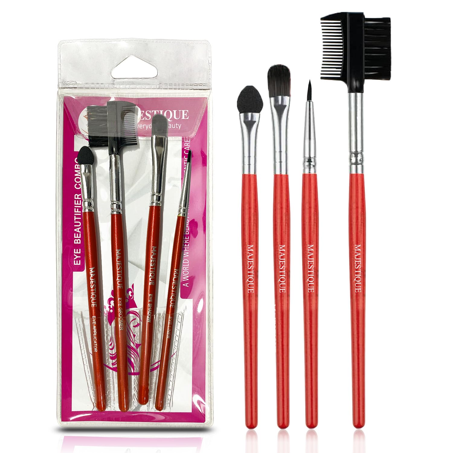 Majestique Professional Eye Makeup Brush Set - 4-Piece Synthetic Eyeliner, Eyeshadow & Grooming Kit for Women & Girls (Red/Silver) | Perfect for Daily Makeup, Salon Use & Travel