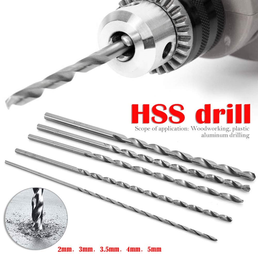 5-Piece Extra Long HSS Twist Drill Bit Set (2mm, 3mm, 3.5mm, 4mm, 5mm) - 150mm Straight Shank for Wood & Metal Drilling - Power Tool Accessories for DIY Projects, Furniture Making, and Home Repairs