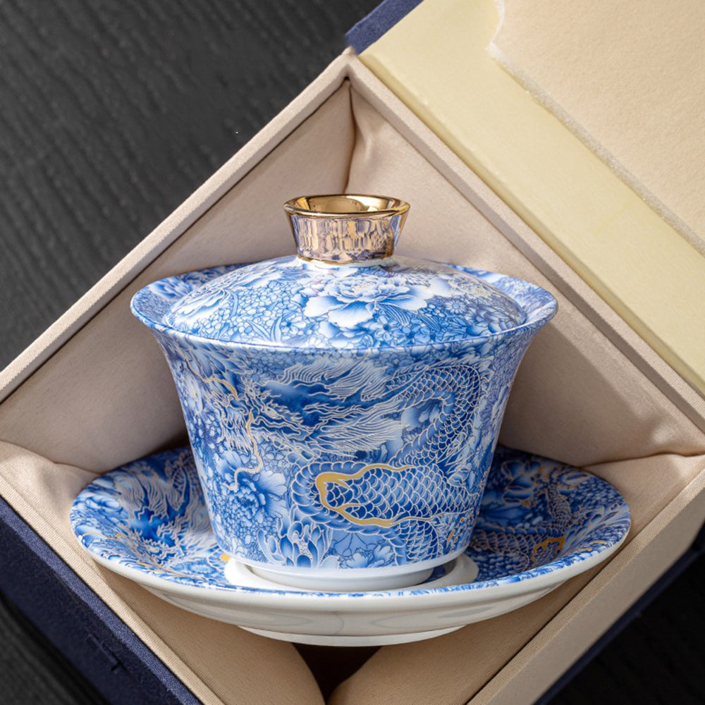 Premium Silver Dragon Enamel Porcelain Gaiwan - Traditional Chinese Tea Set for Gongfu Tea Ceremony, Perfect for Home Brewing & Tea Lovers