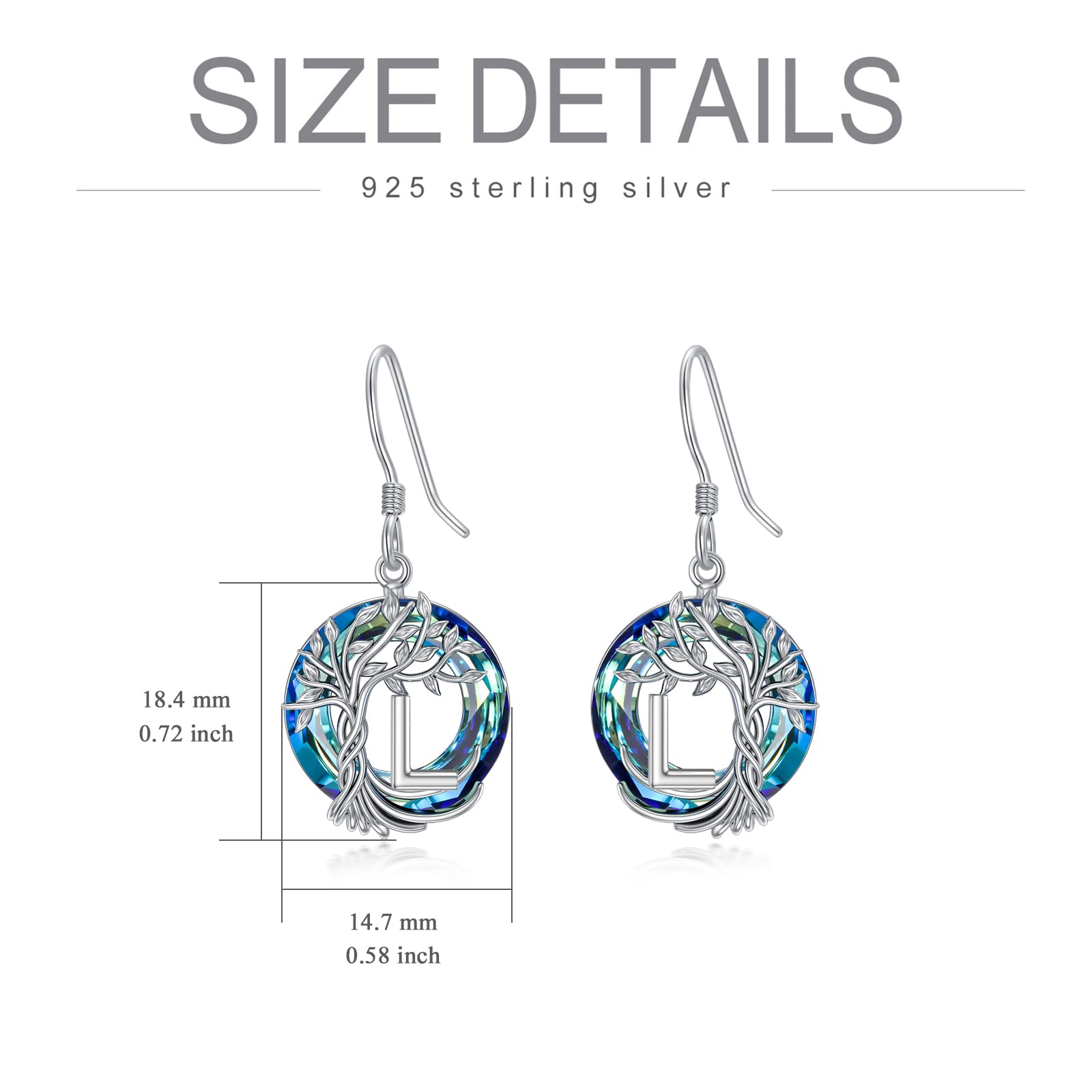 TOUPOP Tree of Life Initial Earrings 925 Sterling Silver A-Z Letter Drop Dangle Earrings with Blue Circle Crystal - Valentine's Day, Anniversary, Birthday Gifts for Women, Girlfriend, Mom - Perfect for Romantic Occasions, Special Celebrations & Everyday Elegance