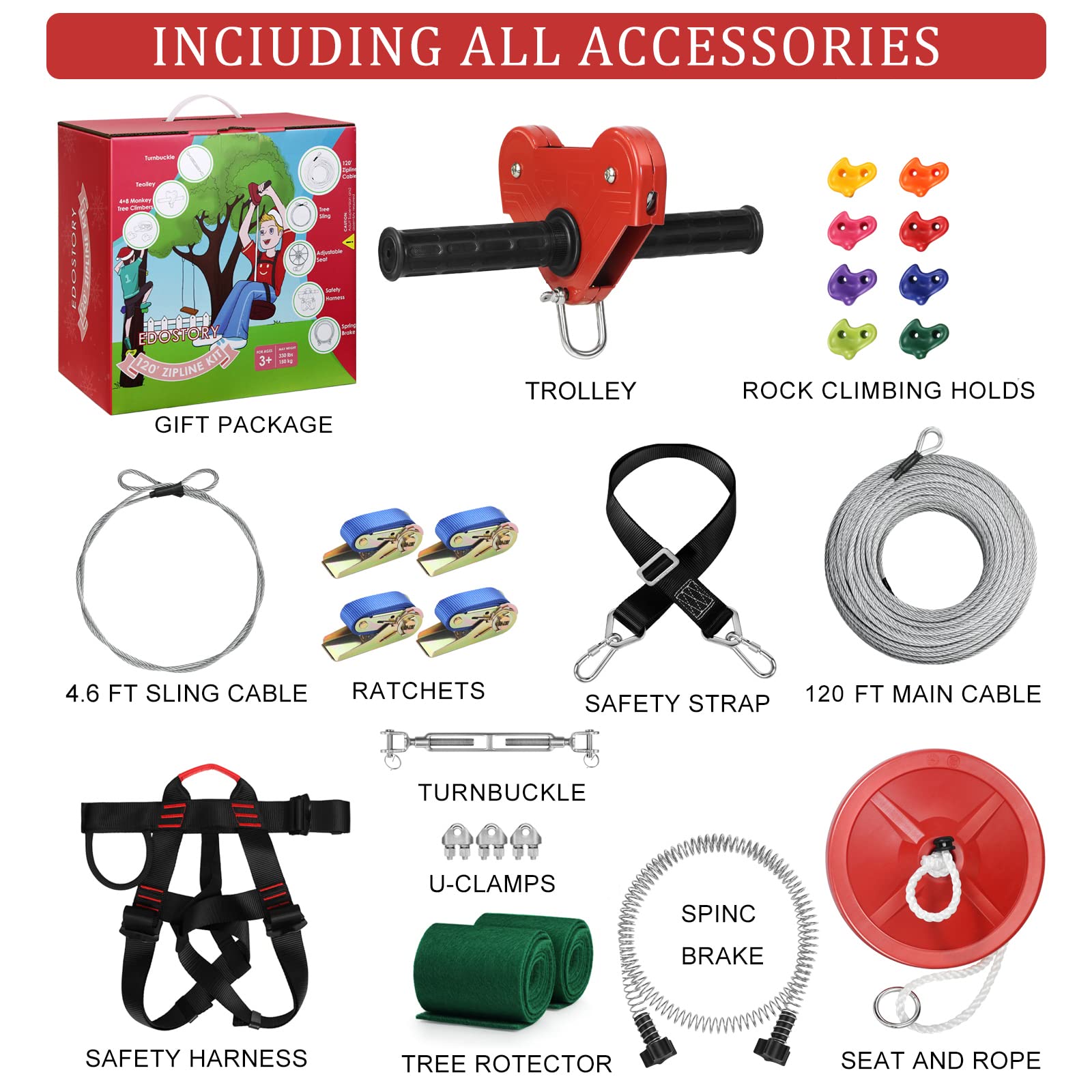 EDOSTORY 120 Feet Heavy Duty Backyard Zipline Kit for Kids & Adults - 330lb Weight Capacity with Spring Brake & Safety Harness, 4 Tree Protectors - Perfect for Outdoor Adventure, Birthday & Christmas Gifts (Red) - Great for Backyard Fun, Family Bonding & Outdoor Activities