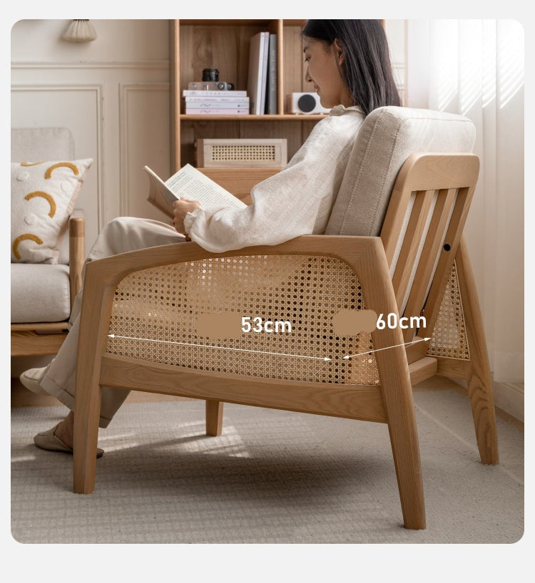 Solid Oak Wood Armchair with Milky Skin Tone Finish and Rattan Accents - Perfect for Living Room, Bedroom, or Office Decor