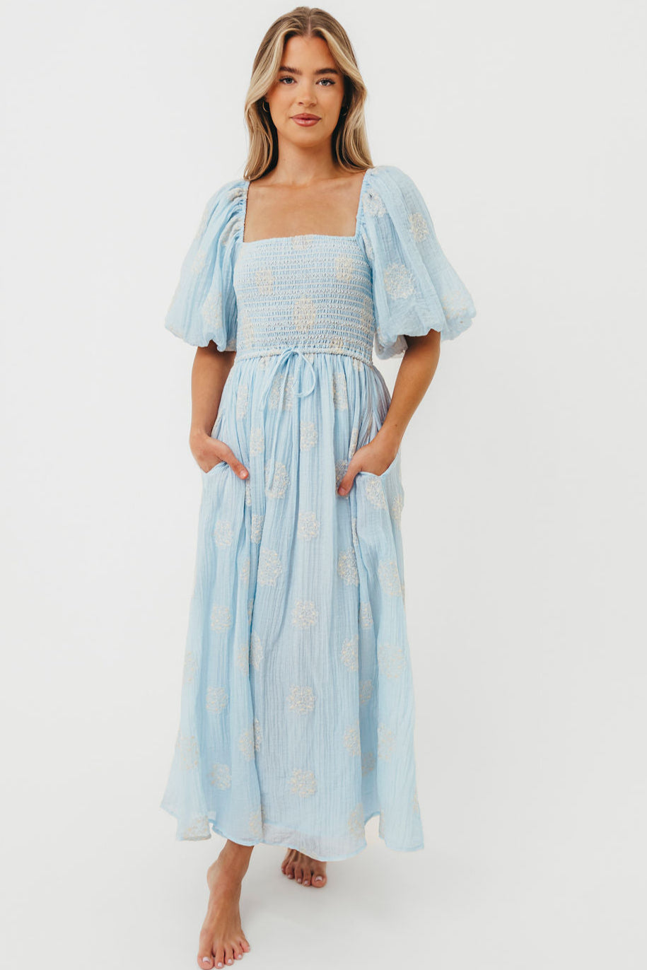 Aimee Women's Blue Floral Smocked Embroidered Midi Dress - Perfect for Summer Weddings, Garden Parties & Casual Outings
