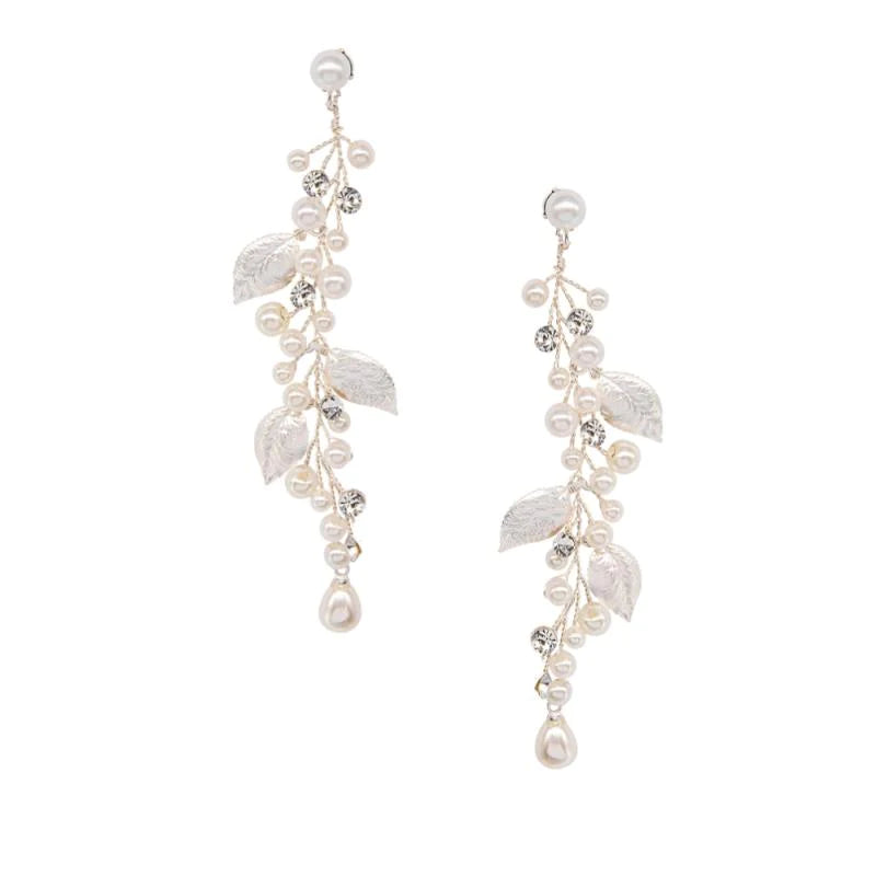 Elegant Crystal and Pearl Vine Leaf Wedding Earrings in Silver 7660 - Perfect for Bridal, Prom, Evening Gowns & Special Occasions