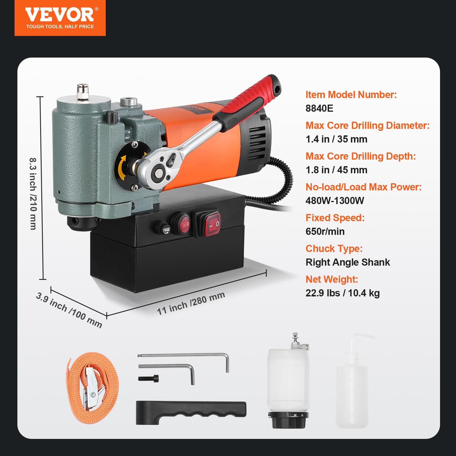VEVOR 1300W Low Profile Magnetic Drill Press - 1.38