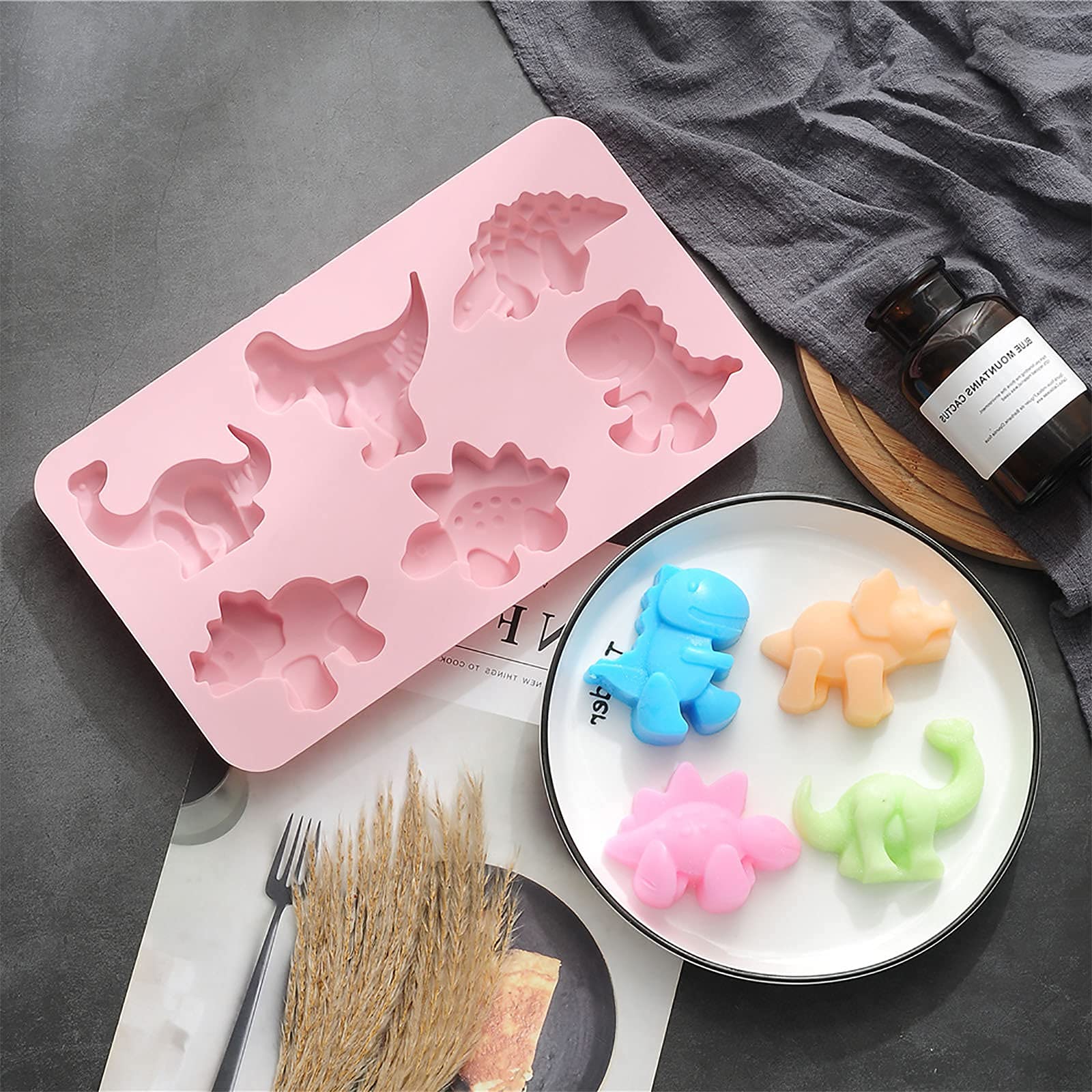 Dinosaur Silicone Mold Set - 2Pcs Chocolate & Jello Molds for Kids, Dinosaur Cake Pan, Candy & Soap Molds for Baking & Crafts (Pink & Gray) - Perfect for Birthday Parties, DIY Treats & Kids' Cooking Activities