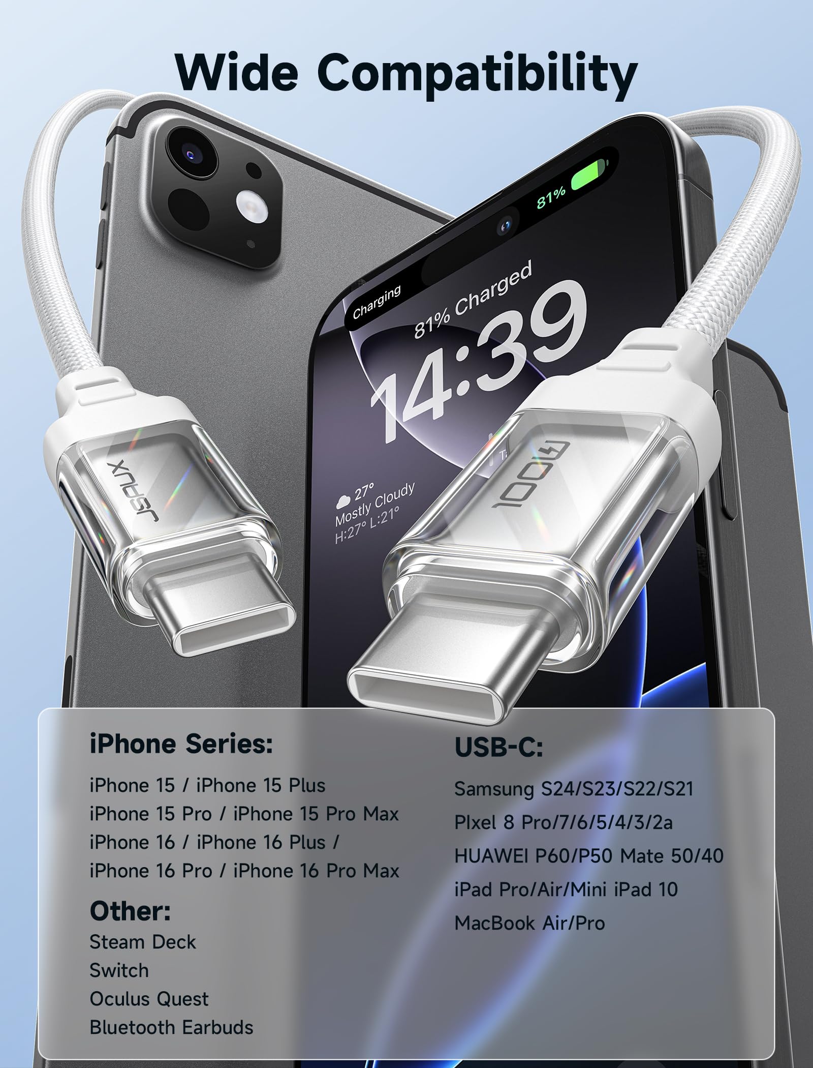 JSAUX 100W USB C to USB C Fast Charging Cable [2-Pack 6.6FT] - PD Compatible for iPhone 15/Pro/Max/Plus, MacBook Pro/Air, iPad Pro/Air, Dell XPS 13/15, Samsung Galaxy S24/S23/S22, Google Pixel - White | Perfect for Home, Office & Travel Charging