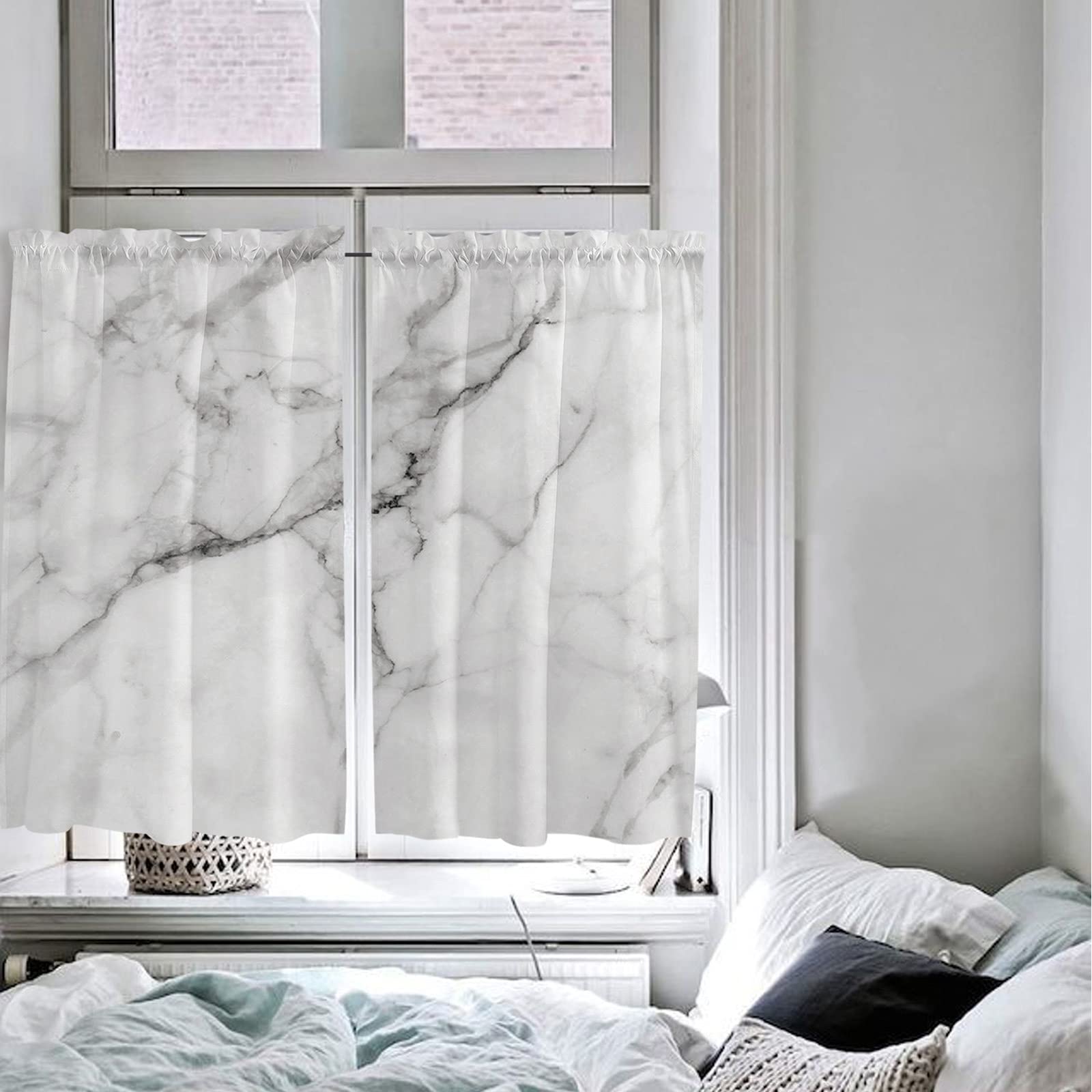 Marble Crack Design Window Curtains 55''x45'' - Set of 2 Panels, Rod Pocket Kitchen Drapes for Half Windows, White Bathroom & Cafe Curtains - Perfect for Small Kitchens, Bathrooms, and Cozy Cafés