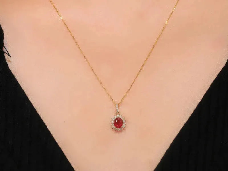 18K Yellow Gold Pendant with Natural Ruby & Diamond Necklace for Women | Elegant Wedding, Engagement & Party Jewelry | Perfect for Anniversary Gifts, Valentine's Day & Special Occasions