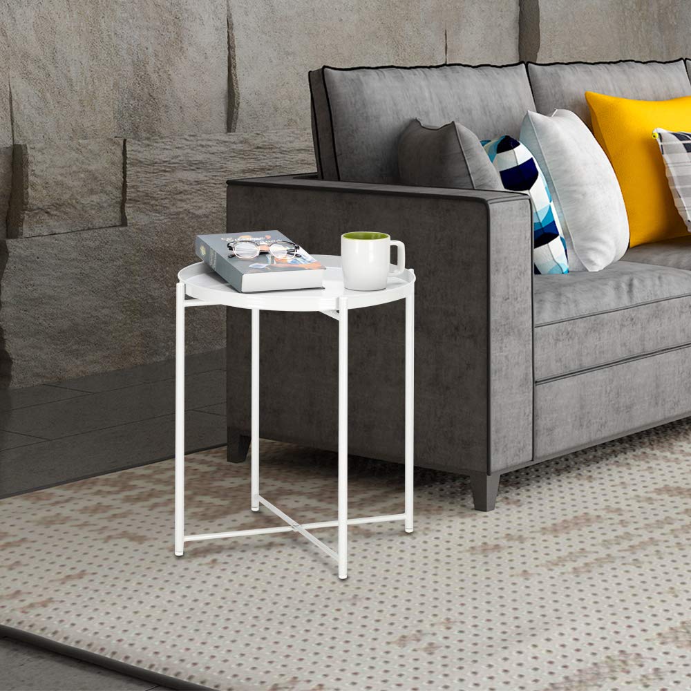 FVLFIL Metal Side Table - Small Round End Table with Waterproof Tray for Indoor & Outdoor Use - Perfect for Living Room, Bedroom, Patio, or Garden as Coffee Table or Nightstand
