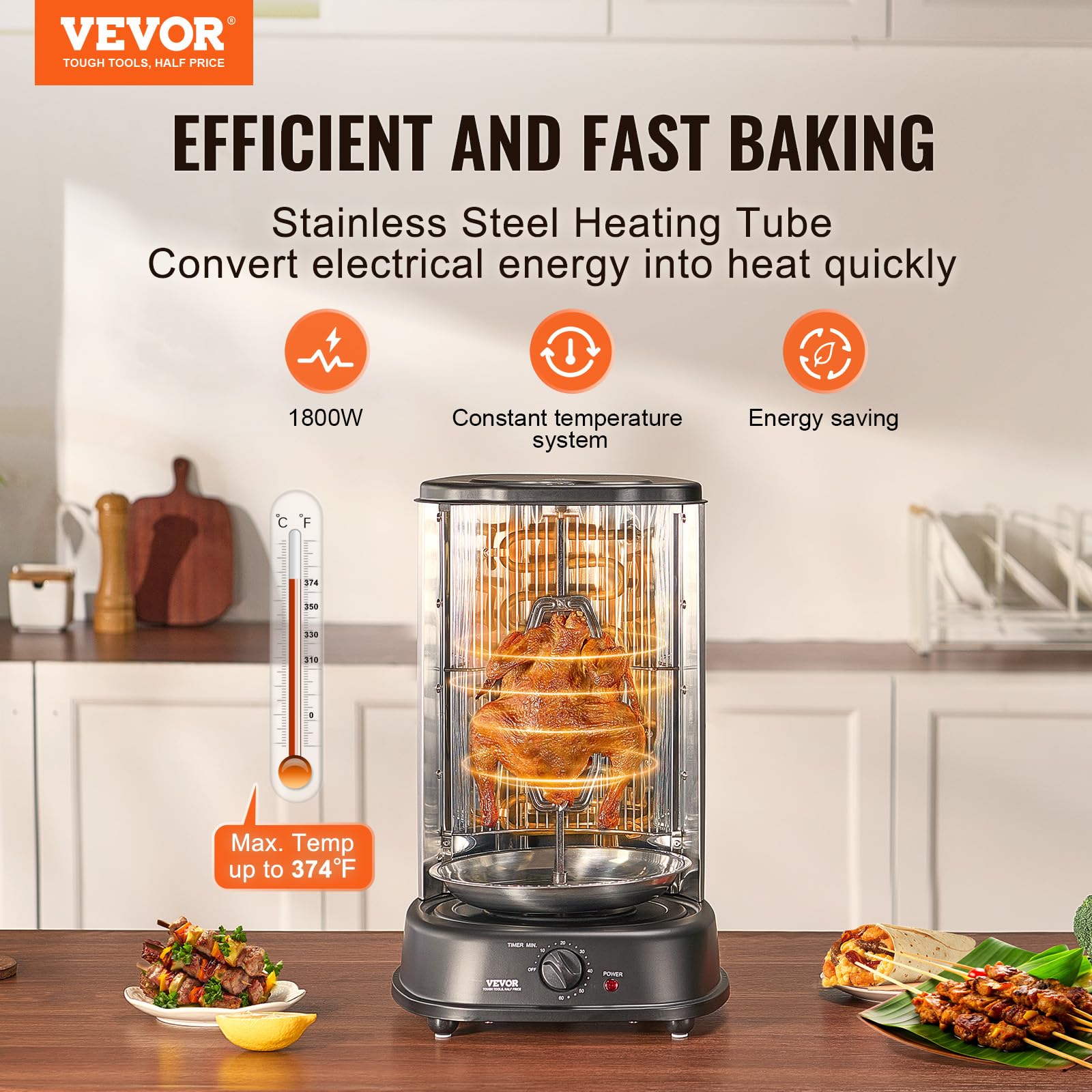 VEVOR Electric Stainless Steel Shawarma Grill Machine - Vertical Chicken Gyro Rotisserie Oven for Doner Kebab, Home & Restaurant Use - Perfect for Kitchen Countertop, Parties & Outdoor Events