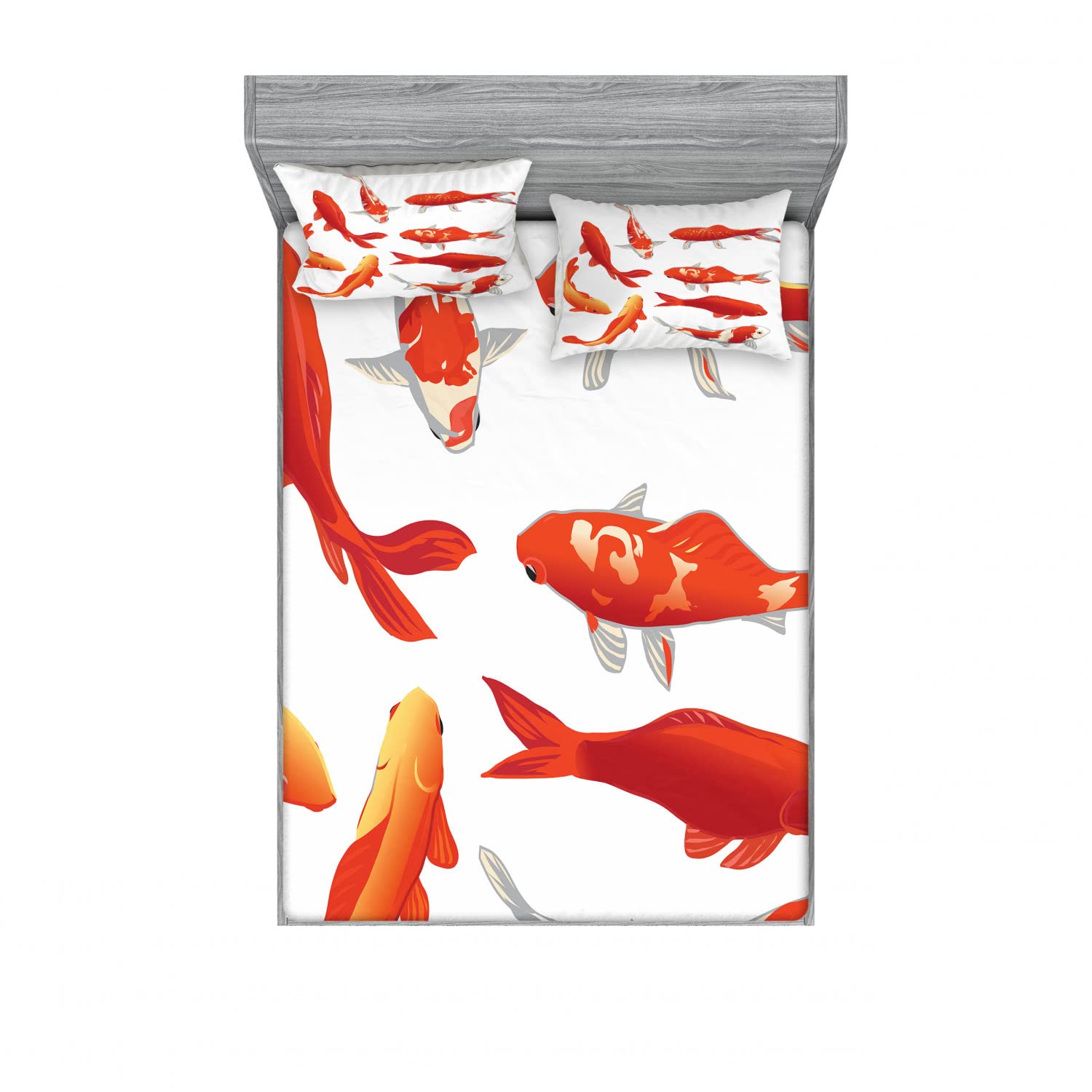 Ambesonne 2-Pack Queen Size Fitted Sheets & 4 Pillow Shams Set - Koi Fish Shoal Chinese Animal Print Orange White Bedding Decor | Complete 4-Piece Bed Set for Master Bedroom, Guest Room & Dorm Decor