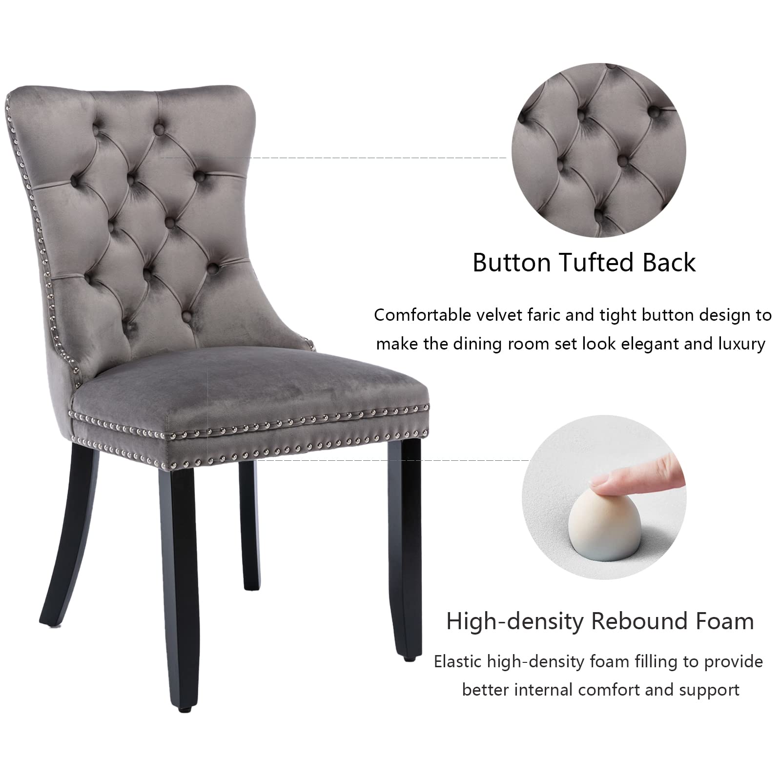 4 Grey Velvet Dining Chairs Set - Upholstered Modern Kitchen Chairs with Tufted Wingback Design, Ring Pull Trim & Solid Wood Legs for Dining Room, Living Room, Kitchen - Perfect for Home Decor, Restaurant & Office Use