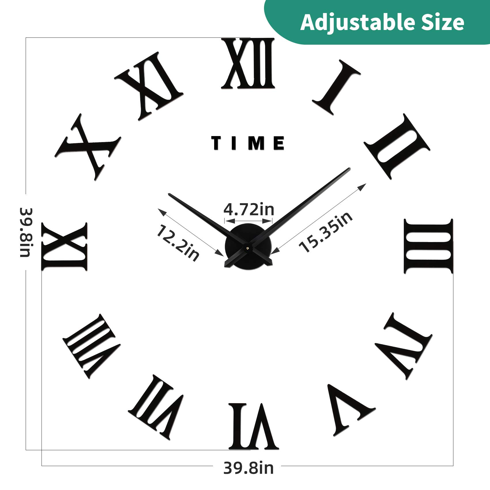 VREAONE Large 3D DIY Wall Clock with Giant Roman Numerals - Frameless Mirror Design for Home Decor - Perfect for Living Room, Bedroom & Office Wall Decor (Black) | Modern Home Décor & Stylish Wall Accent