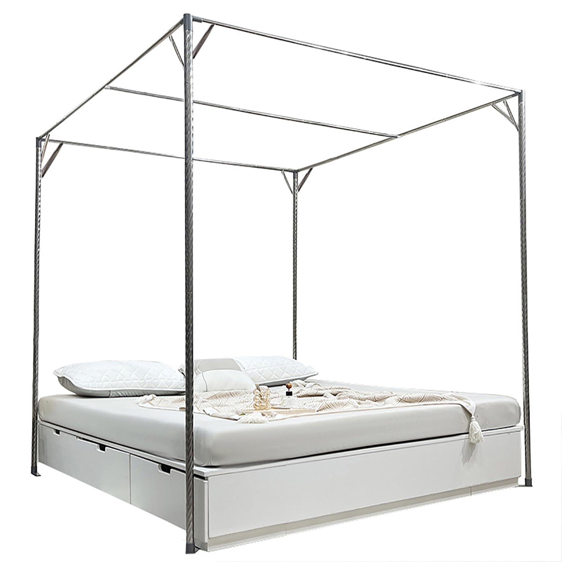 FDFWEFLQQ Stainless Steel Mosquito Net Canopy Bed Frame Brackets (4 Corners) - Full Size 2x2m, Silver - Elegant Bedroom Decor for Romantic & Boho Chic Style