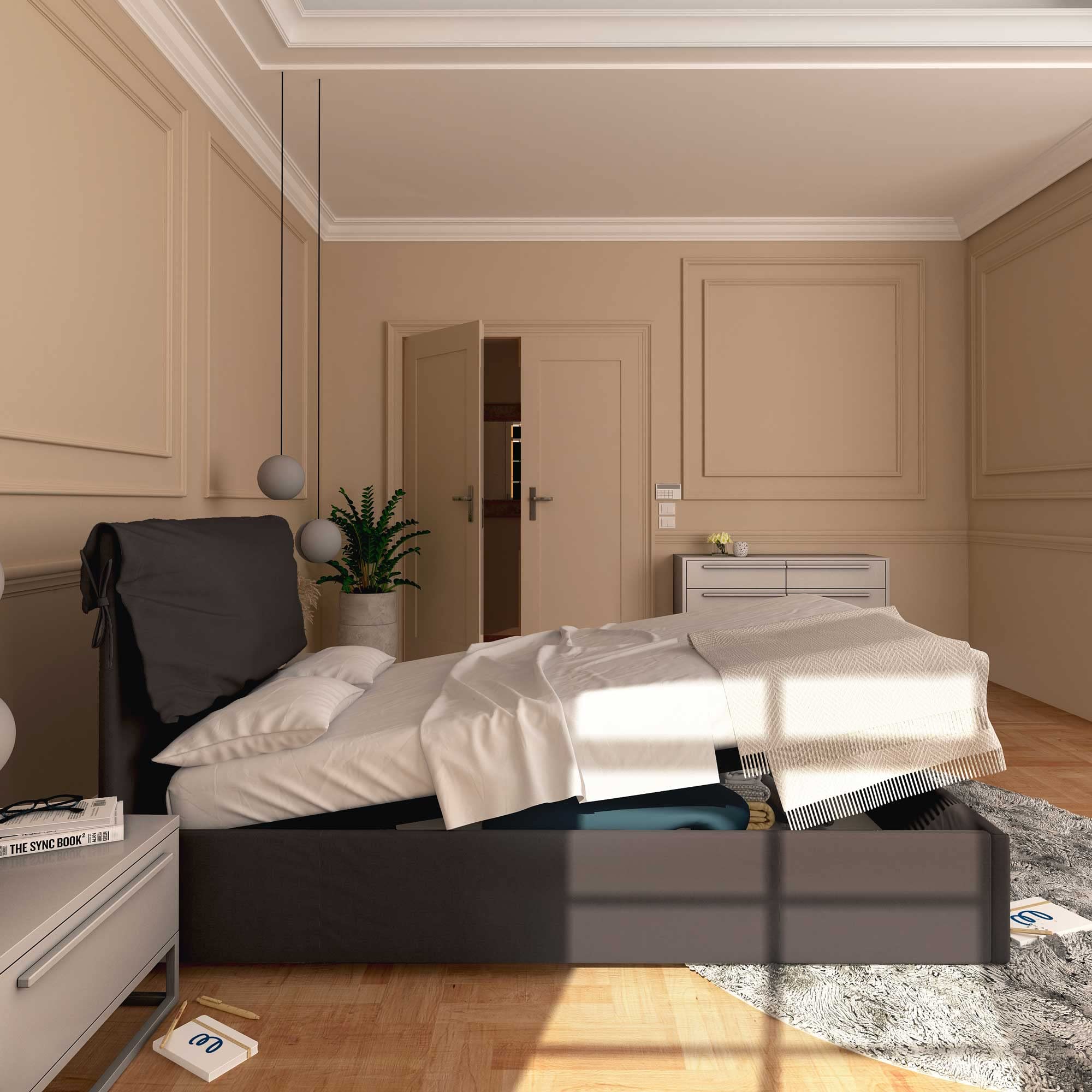 Baldiflex Licia Soft Twin Size Bed Frame with Storage - 120 x 190 cm Upholstered Fabric Platform Bed with Slatted Base, Padded Headboard in Brown - Perfect for Small Bedrooms, Guest Rooms & Studio Apartments