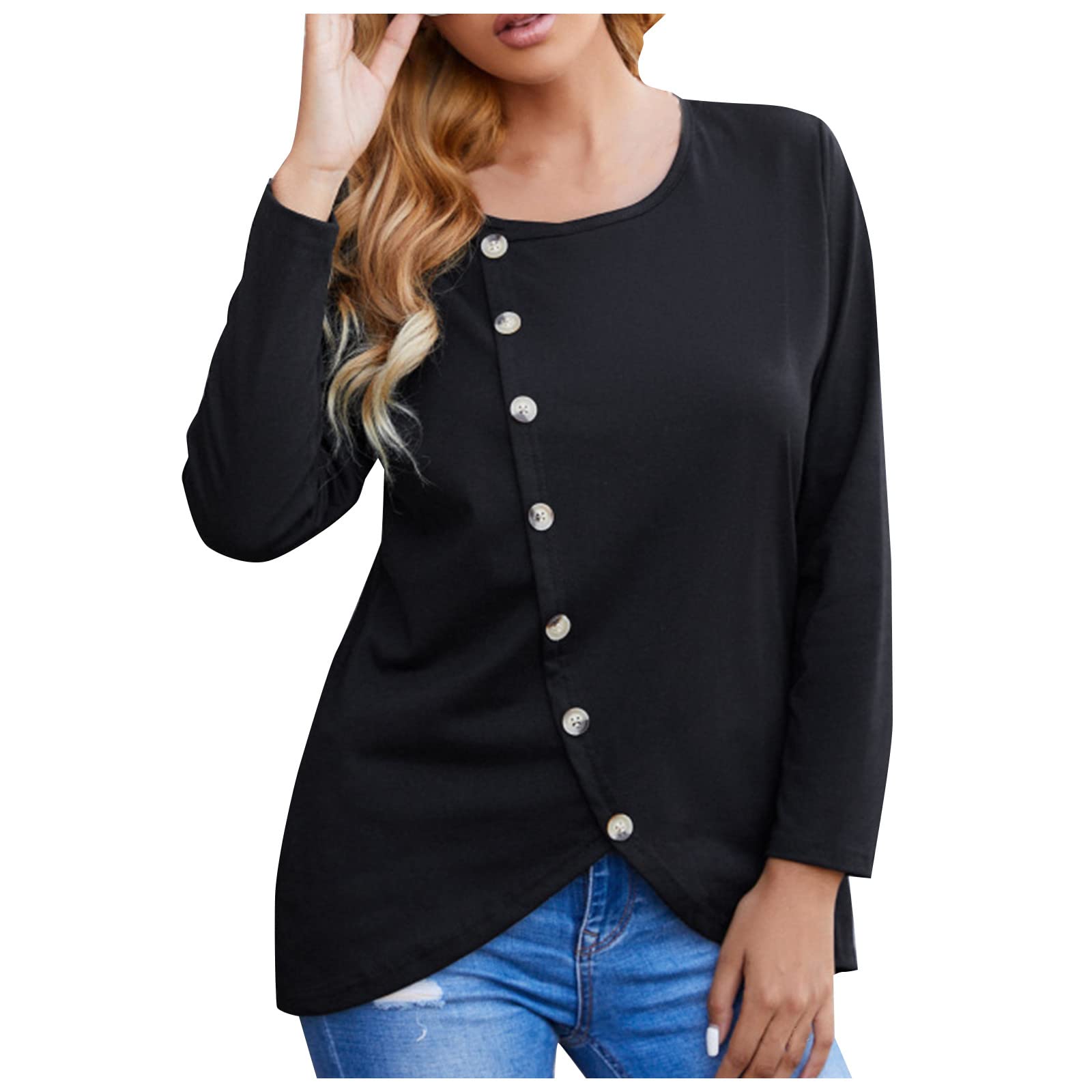 Women's Casual Solid Color Single-Breasted Round Neck Long Sleeve Blouse with Trendy Irregular Hem - Perfect for Office Wear, Date Nights & Weekend Outings