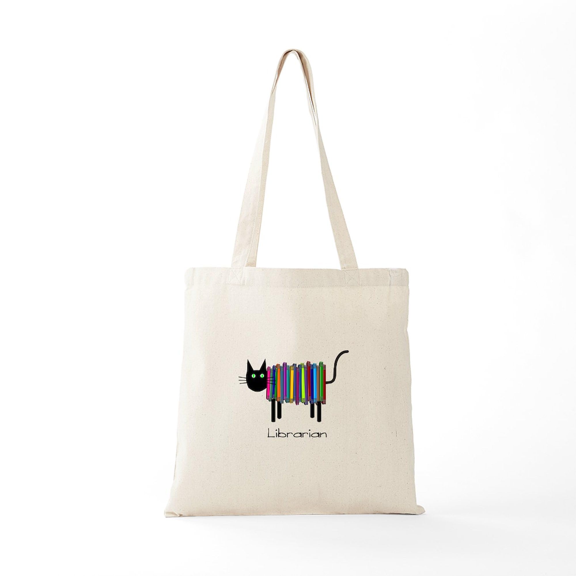 Librarian Book Cat Tote Bag - Natural Canvas Reusable Shopping Bag for Book Lovers, Library Visits & Grocery Trips