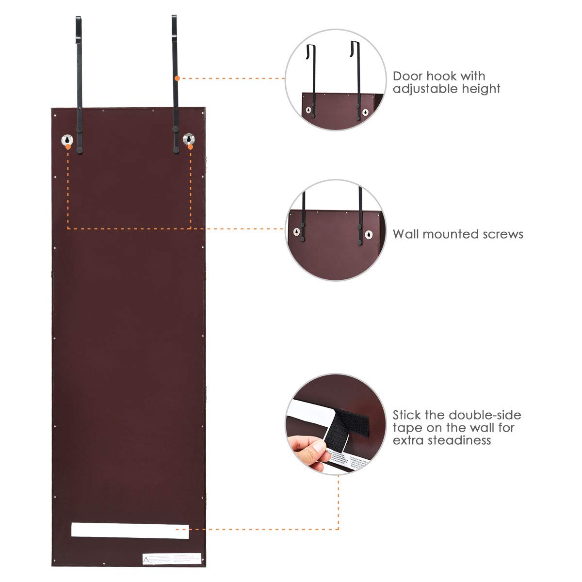 MAT EXPERT Wall/Door Mounted Jewelry Armoire with LED Lights - Lockable Jewelry Cabinet, Full-Length Mirror & Drawers - Jewelry Organizer for Necklaces, Rings & Makeup (Brown) - Perfect for Bedroom, Closet & Dressing Room Storage