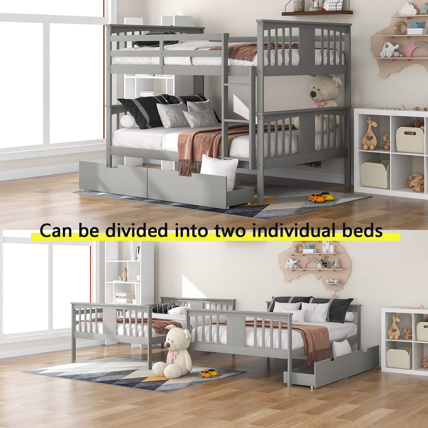 Full Over Full Bunk Beds with 2 Drawers for Kids Teens Adults - Detachable Wooden Bunk Bed Frame for Boys Girls Women Men in Gray - Perfect for Small Spaces, Guest Rooms & Shared Kids Bedrooms