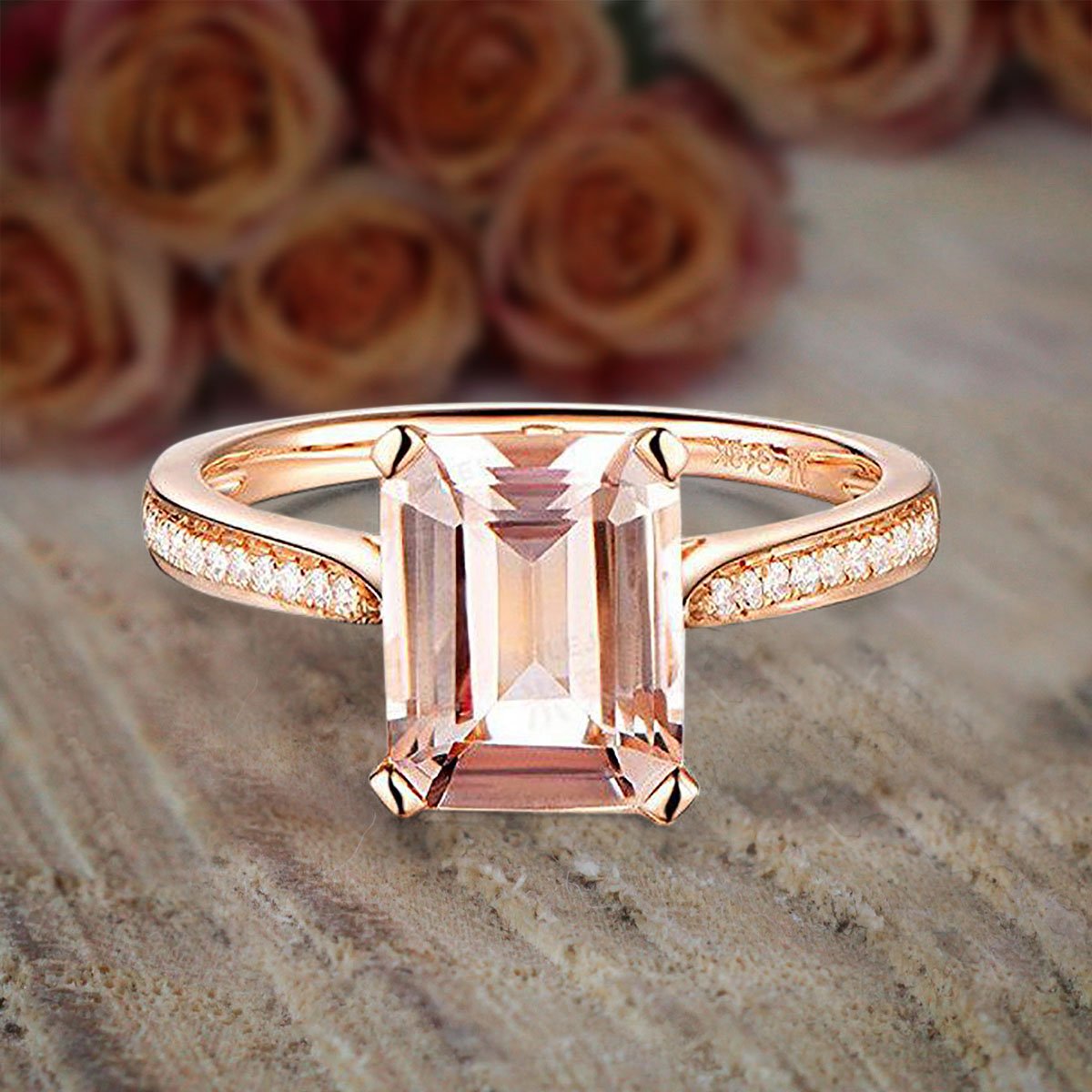 1.25 Carat Peach Pink Morganite & Diamond Engagement Ring - 7x5mm Emerald Cut, 18k Gold Plated - Perfect for Weddings, Proposals & Anniversary Gifts