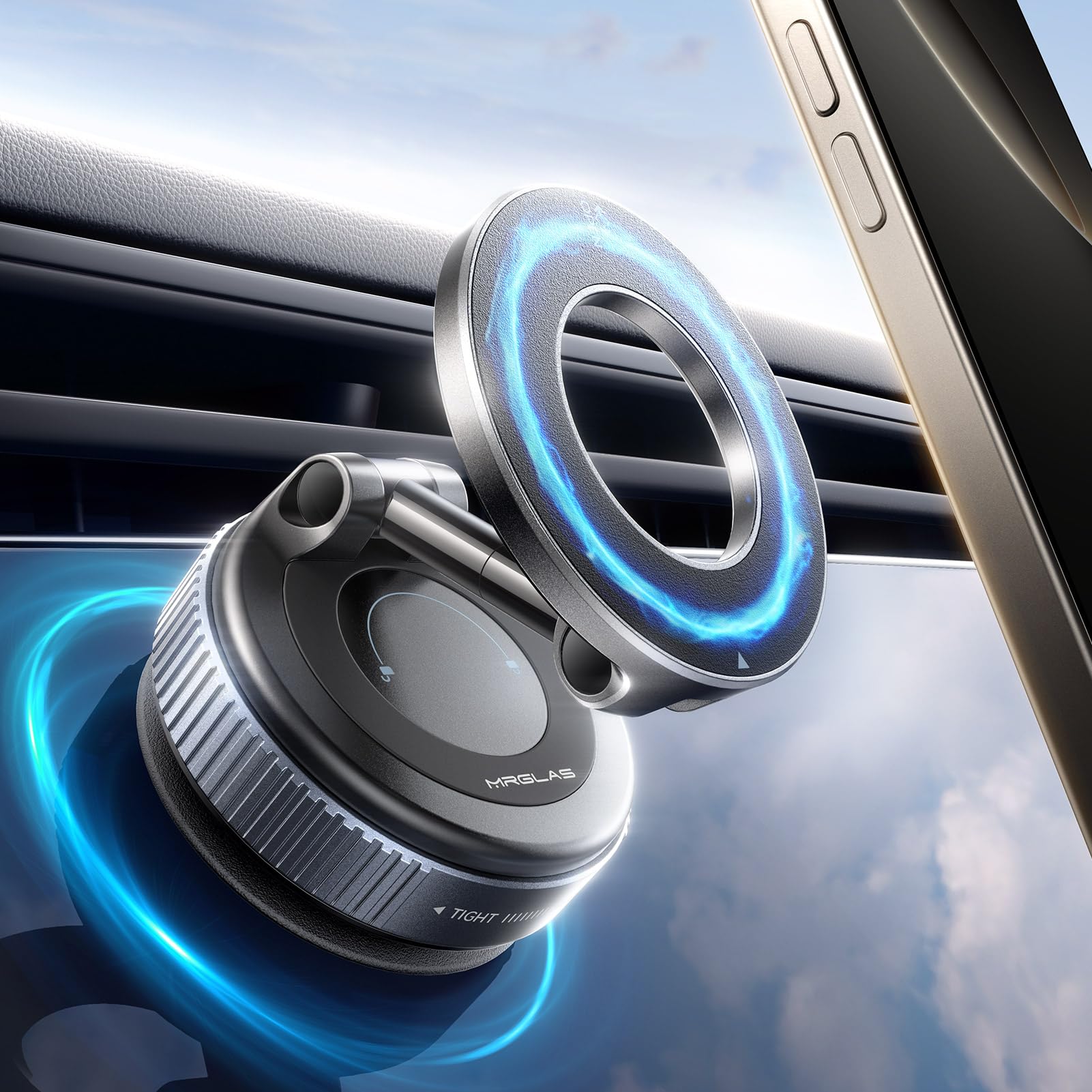 MRGLAS 2025 Upgraded Vacuum Magnetic Phone Holder Stand - 89+LBS Strongest Suction & 2800gf Magnetic Phone Mount for Magsafe, Adjustable Swivel Lock - Perfect for Car Dashboard, Gym Equipment, Mirror & Office Desk Use