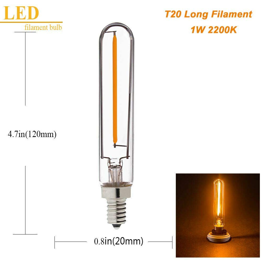 E12 LED Filament Bulb - 1W Dimmable Edison Light Bulb (4 Pack) - 2200K Warm White Candelabra Night Light - T20 Tubular Design - 10W Incandescent Replacement for Chandeliers, Sconces & Vintage Fixtures - Perfect for Bedroom, Living Room & Restaurant Ambiance Lighting