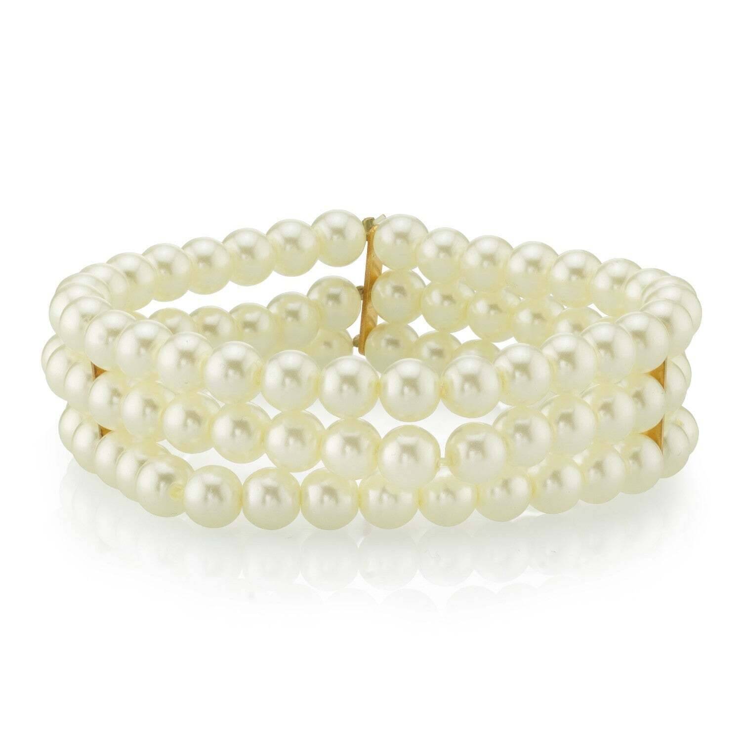 1928 Bridal Oceano 6mm Ivory Faux Pearl 3 Row Stretch Bracelet for Women - Elegant Wedding Jewelry, Bridesmaid Gift, Prom Accessory - Perfect for Weddings, Parties & Special Occasions