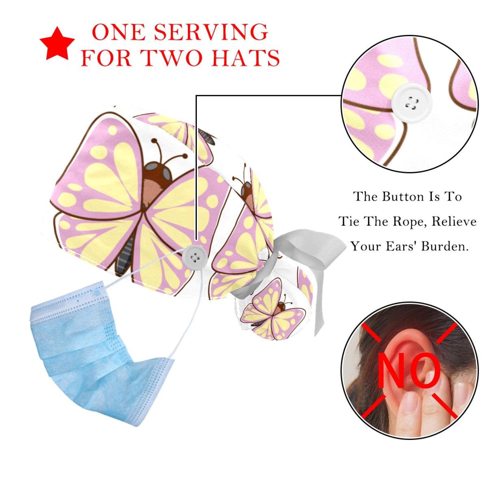 Butterfly Print Scrub Hats for Women & Men - 2 Pack Long Hair Surgical Caps with Button Closure & Sweatband - Comfortable Unisex Tie Back Nurse Hats for Hospital, Clinic & Healthcare Workers