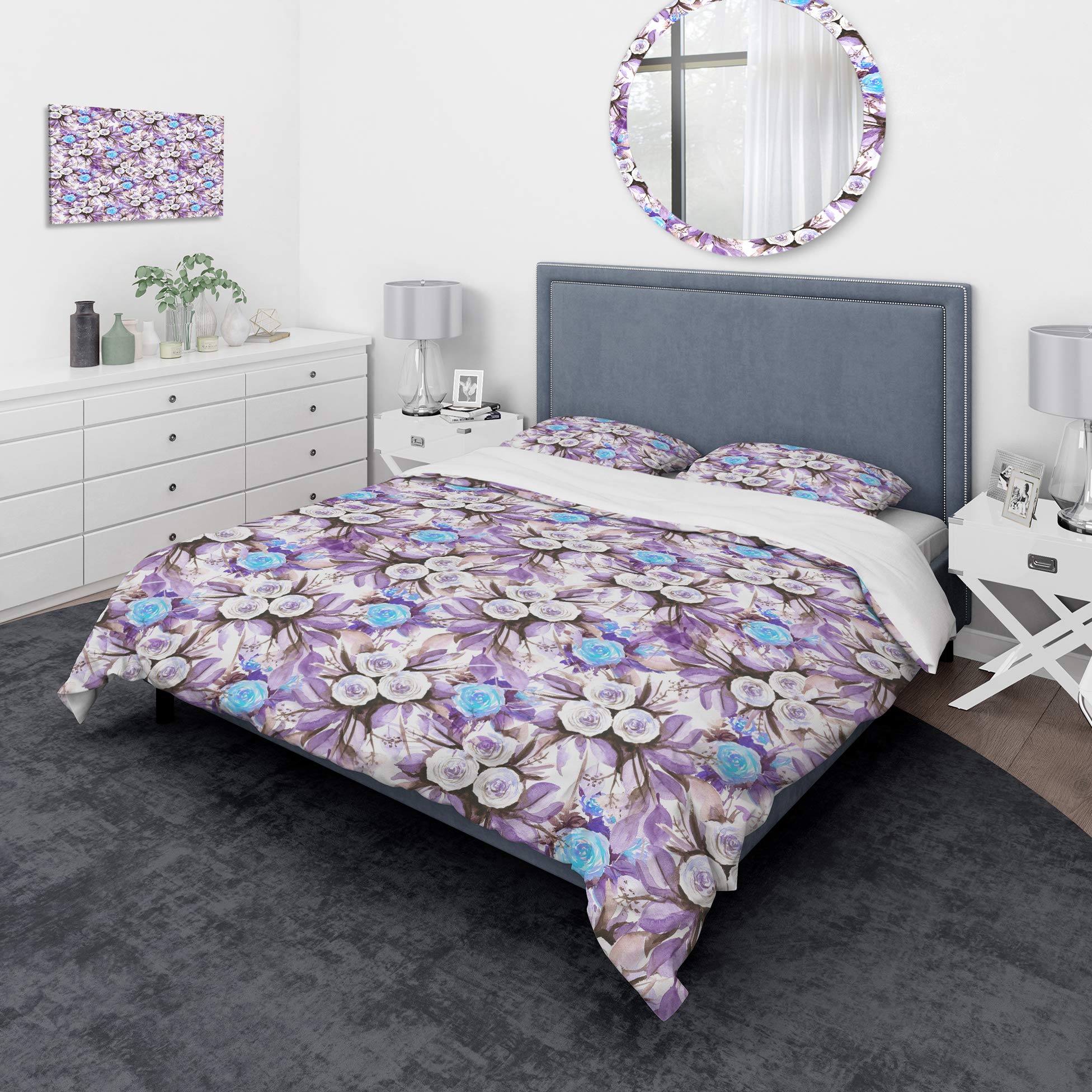 Vintage Floral Nautical & Coastal Duvet Cover Set Queen - 3 Piece All Season Bedding Set in Purple, Blue & White | Perfect for Beach House, Guest Room & Coastal Themed Decor