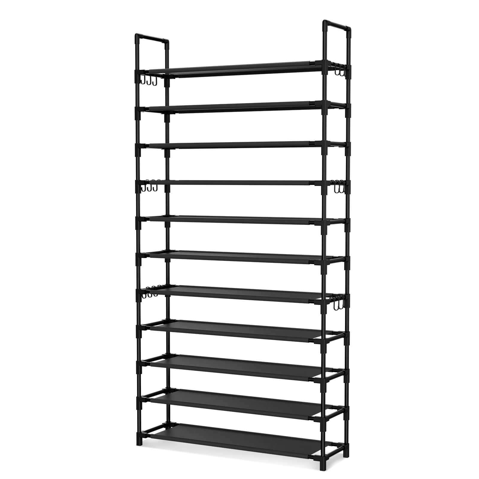 11-Tier Tall Shoe Rack Organizer - Holds 55 Pairs of Shoes with 18 Hooks - Sturdy Free Standing Metal Shoe Storage Shelf for Closet, Entryway, Bedroom - Space Saving Black Shoe Organizer for Home & Office Use