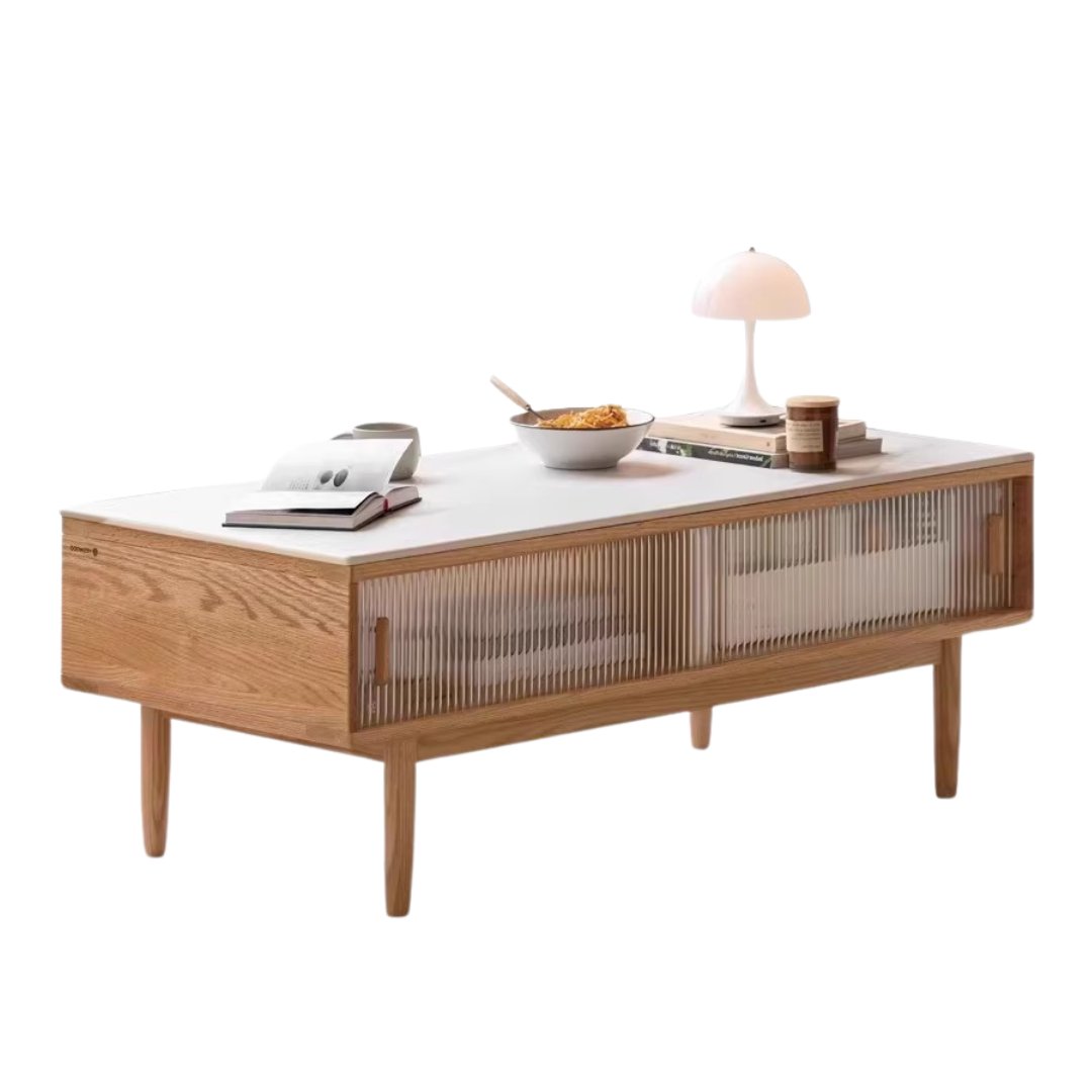 Solid Oak and Beech Wood Coffee Table with Glass Doors - Modern Living Room Furniture for Home Decor and Entertainment
