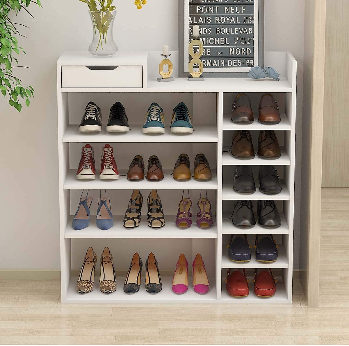 ZOYO White Large Wooden Vertical Shoe Rack - Space Saving Entryway Storage Cabinet, Hallway Shoe Organizer Stand for Small Spaces - Perfect for Apartments, Closets & Mudrooms