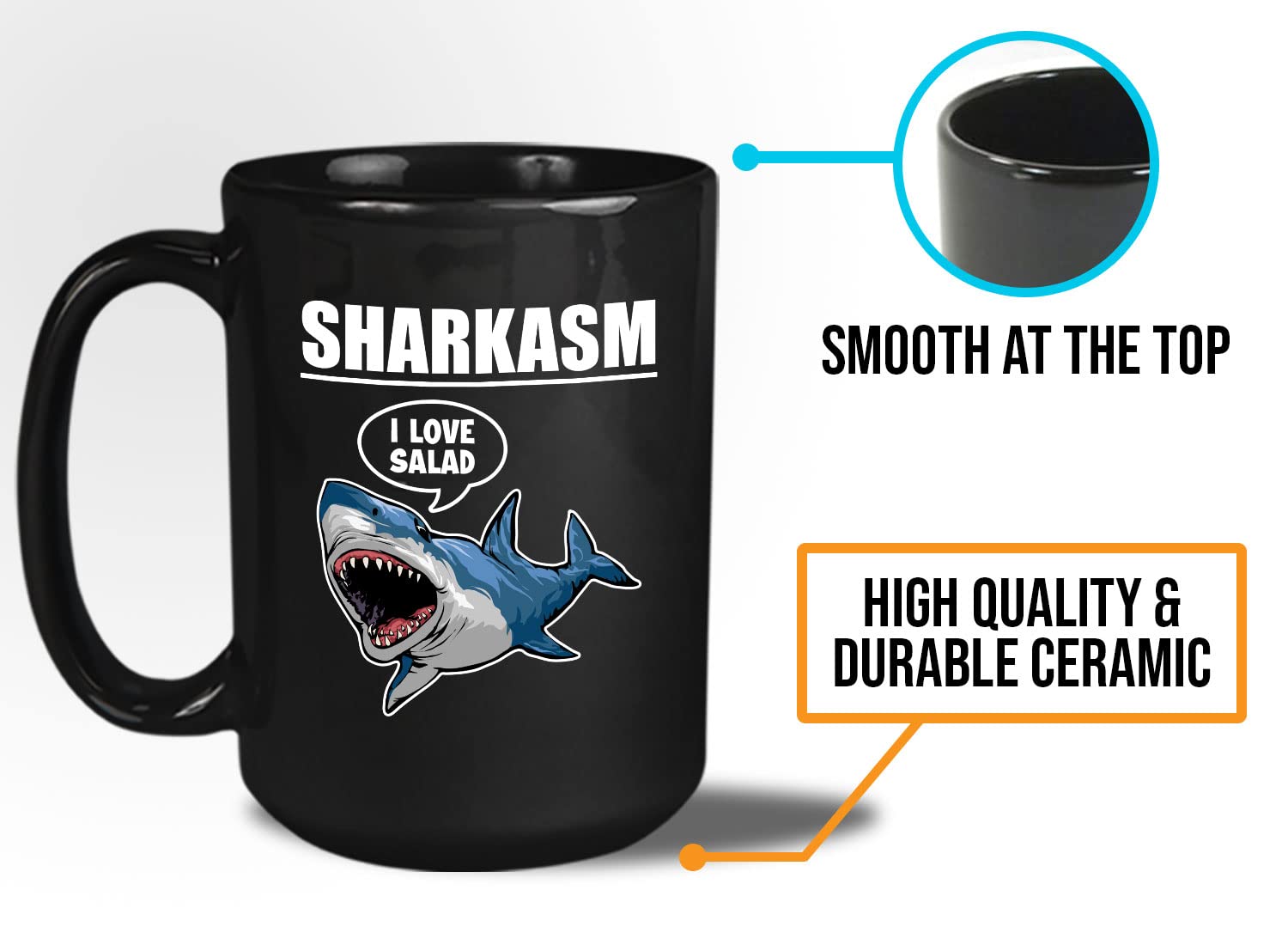 Bubble Hugs Sarcastic Coffee Mug 15oz Black - Sharkasm 'I Love Salad' Funny Shark Lovers Gift - Office Humor for Coworkers, Vegan Jokes - Perfect for Coffee Breaks & Desk Decor