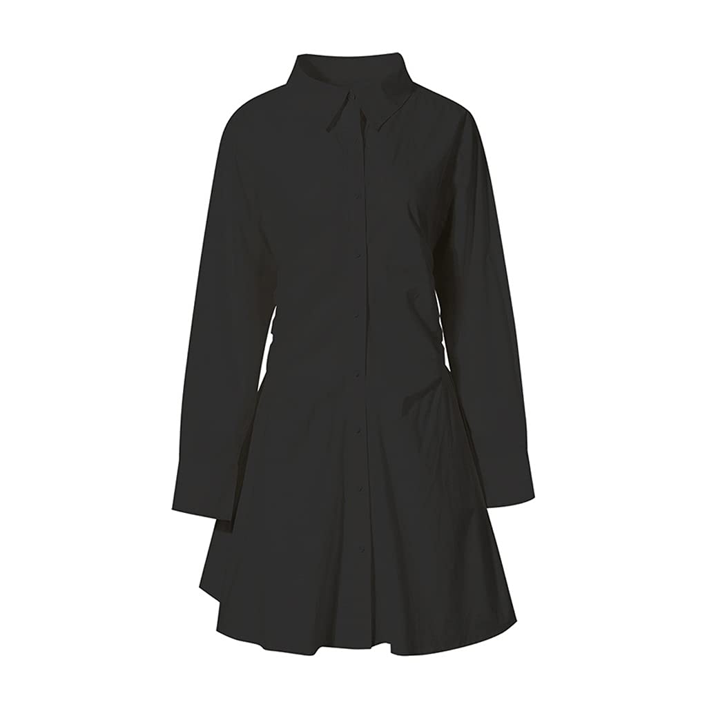 SKREOJF Women's White Back Pleated Elegant Shirt Dress with Lapel Long Sleeves - Loose Fit Fashion Trend for Spring & Autumn (Black, Size M) - Perfect for Office, Dating & Casual Outings