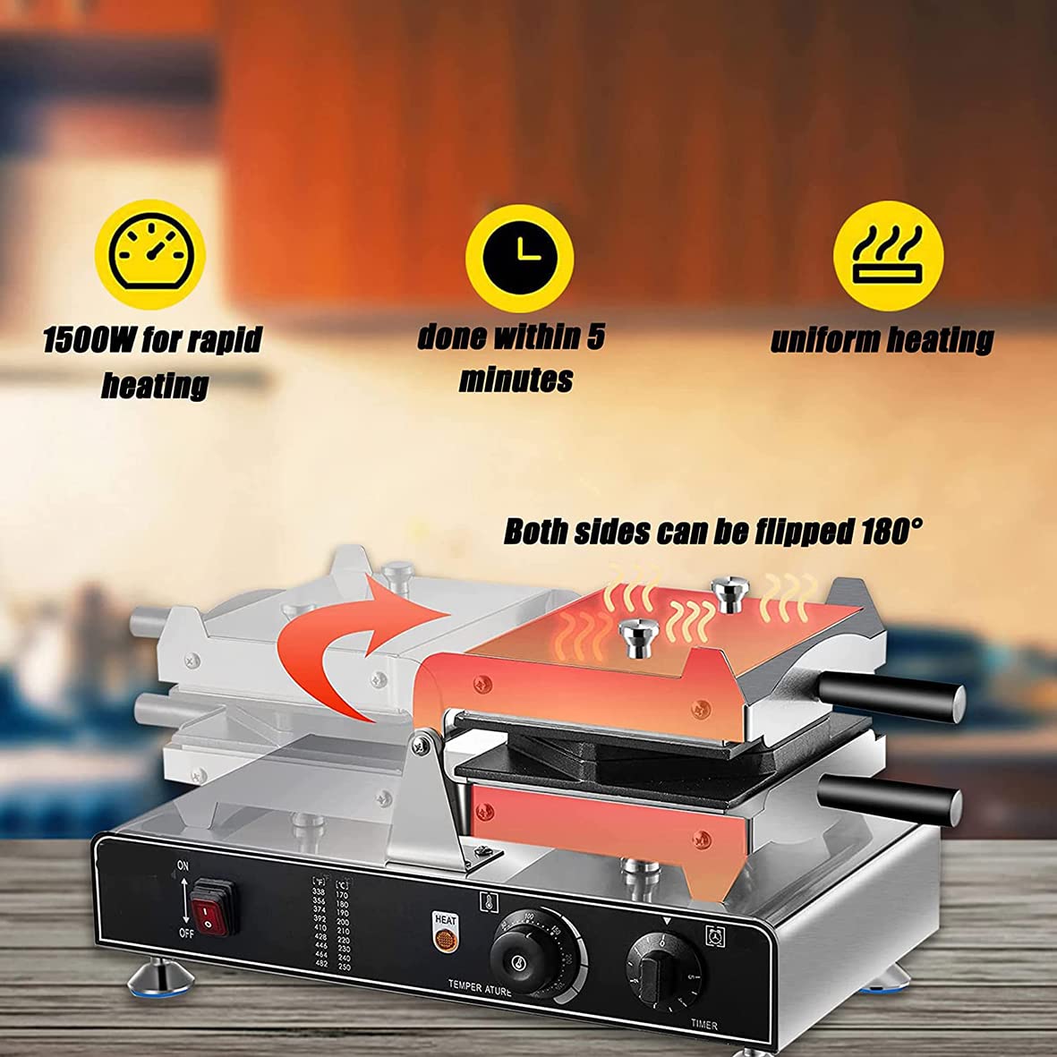 Commercial 1500W Electric Sandwich & Waffle Maker - Non-Stick Egg Bubble Waffle Iron for Breakfast, Brunch, and Snacks - Perfect for Restaurants, Cafes, and Home Use