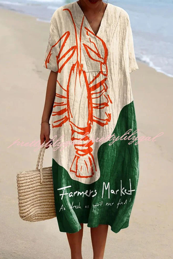 Stylish Marine Print V-Neck Short Sleeve Midi Dress for Women | Beach Vacation, Summer Party & Casual Outfit