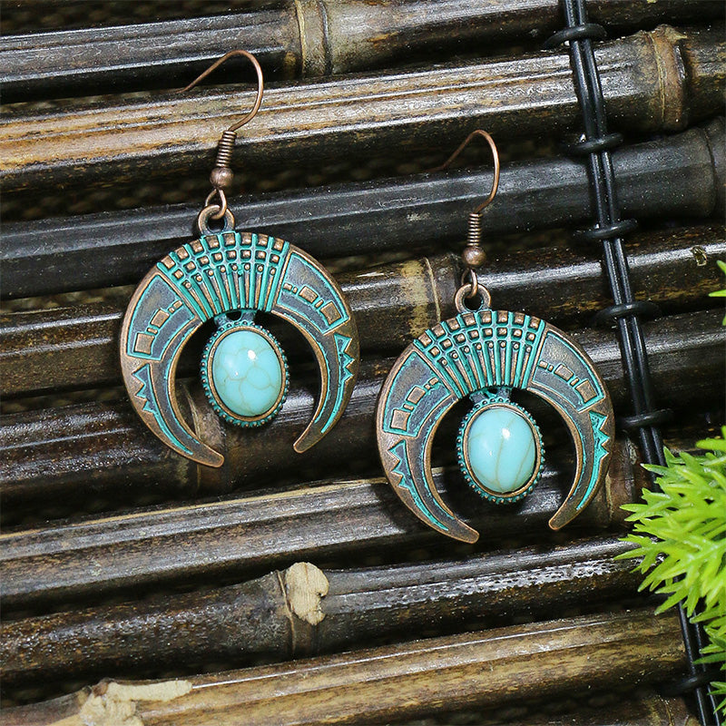 Vintage Turquoise Inlaid Crescent Earrings and Bohemian Ethnic Necklace Set – Perfect for Boho Chic Outfits, Festivals, and Layered Jewelry Looks