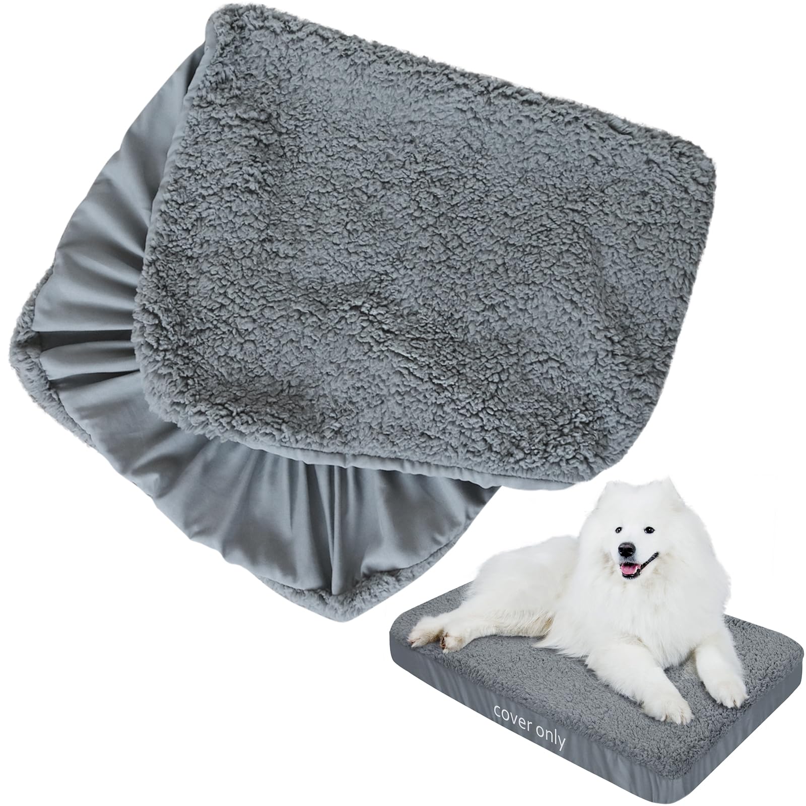 Soft Plush Washable & Waterproof Dog Bed Cover - Grey Pet Mattress Protector 44x32 Inches, Replacement Liner for Dogs & Cats - Perfect for Crates, Couches & Travel