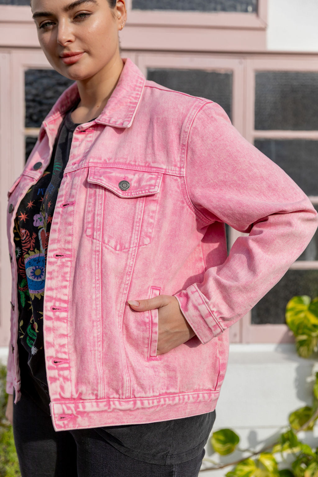 Hayden Boyfriend Denim Jacket - Pink Wash Distressed Denim Jacket for Women | Casual Outerwear for Spring & Fall | Perfect for Date Nights & Weekend Outings