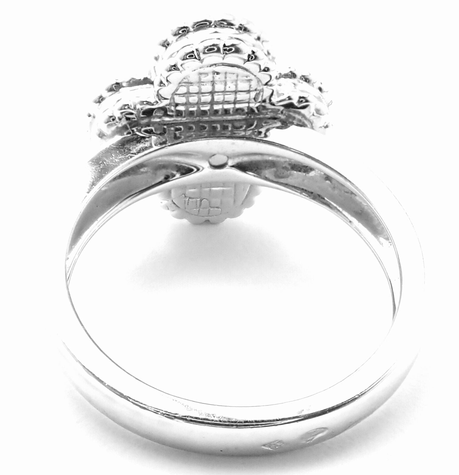 Authentic Van Cleef & Arpels Alhambra 18k White Gold Pink Opal Diamond Ring - Luxury Jewelry for Weddings, Anniversaries & Special Occasions