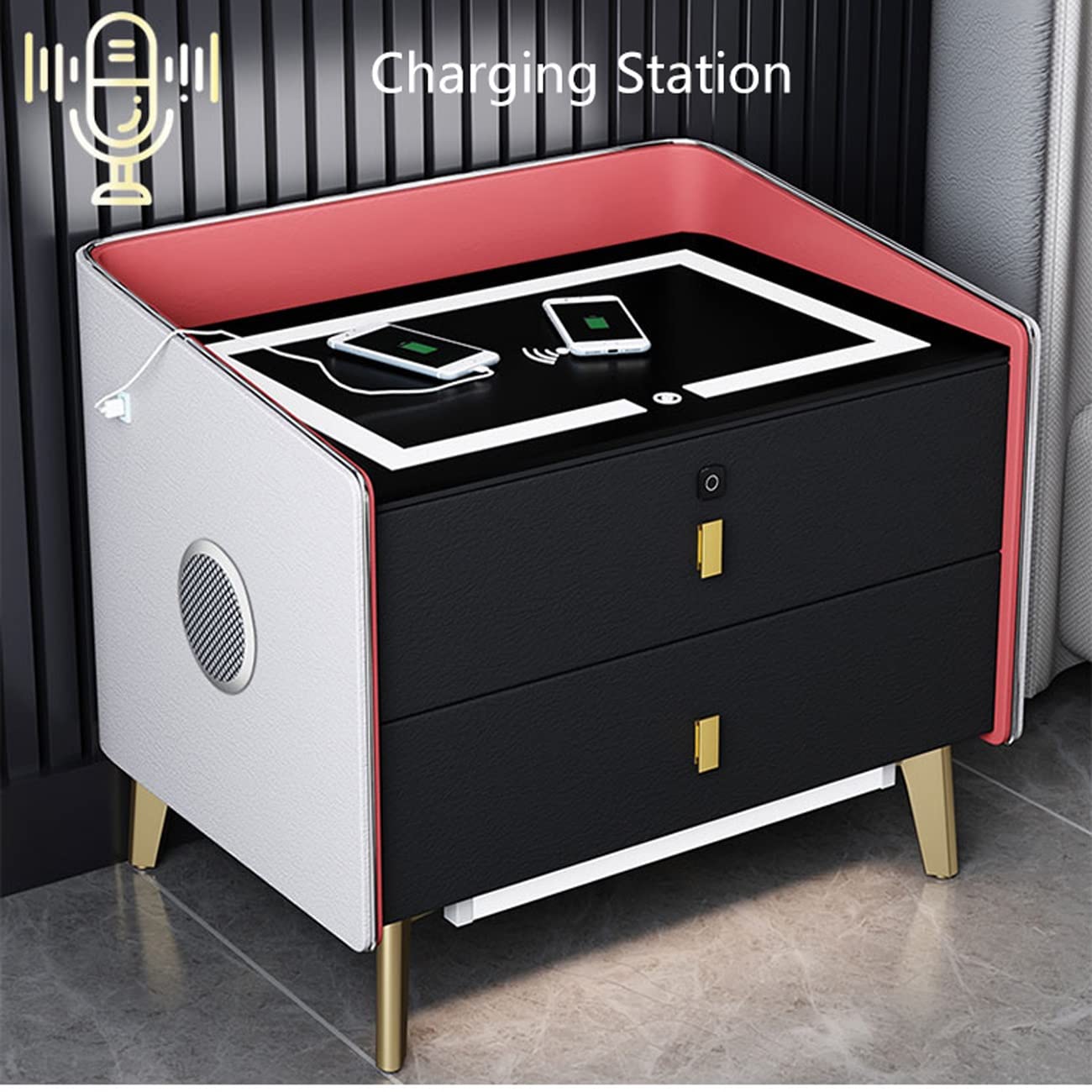 AVLUZ Smart LED Nightstand with Wireless Charging Station, Fingerprint Unlock Bedside Table with Built-in Bluetooth Speaker - Green Multifunctional Storage Cabinet for Bedroom (Perfect for Modern Home Decor & Nighttime Convenience)