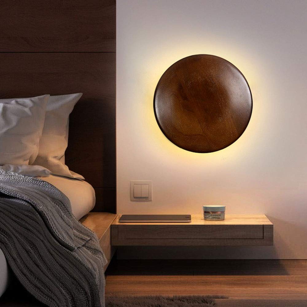 Modern Round LED Wood Wall Sconce - Flush Mount Wall Lamp for Indoor Lighting, Bedroom, Living Room, Stairs & Dining Room Decor (Large Size) | Energy-Efficient Ambient Lighting for Home & Office Spaces