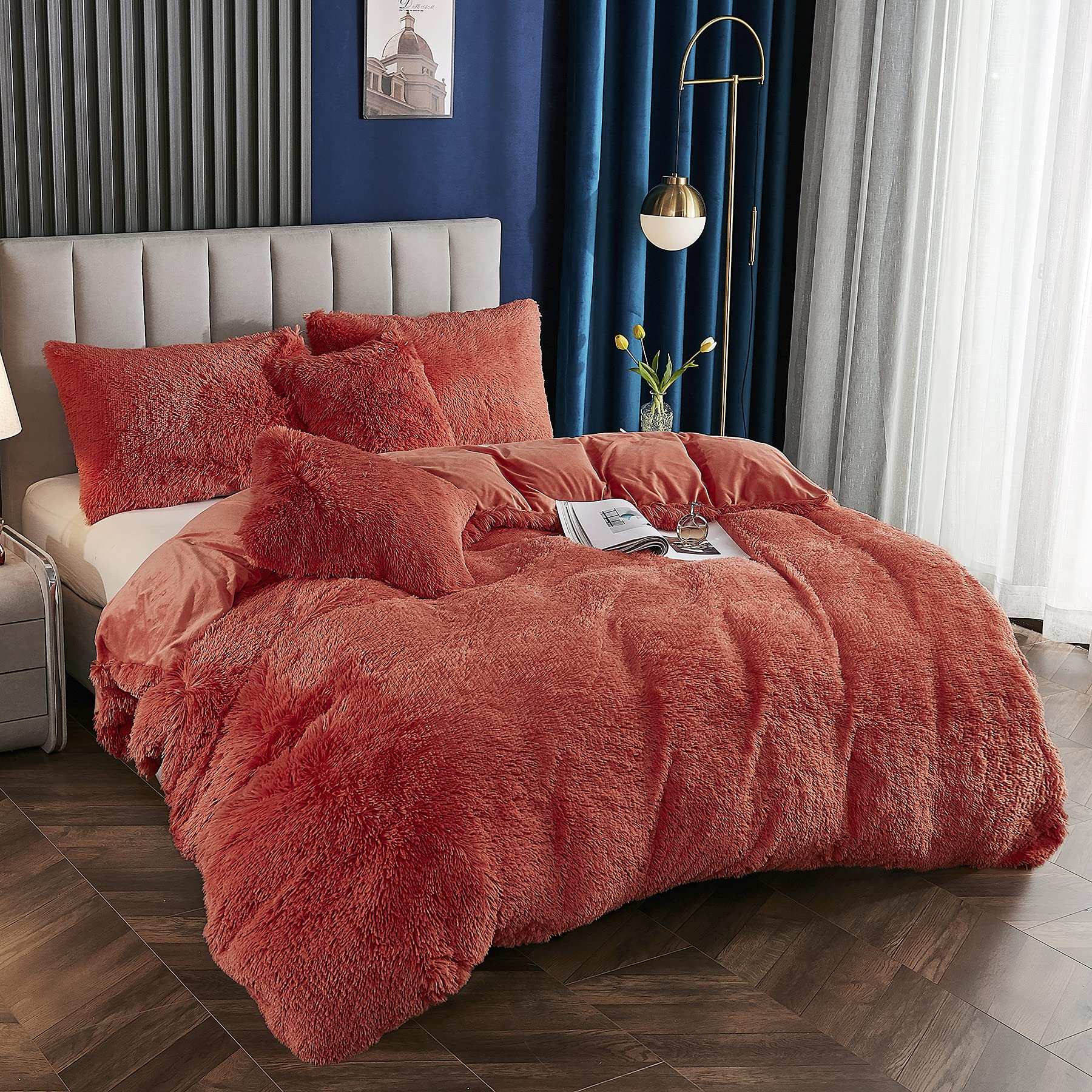 Luxury Ultra Soft Fluffy Faux Fur Duvet Cover Set - Queen Size Plush Shaggy Comforter with 2 Pillow Shams (Orange) | Cozy Bedroom Upgrade for Winter & Home Decor